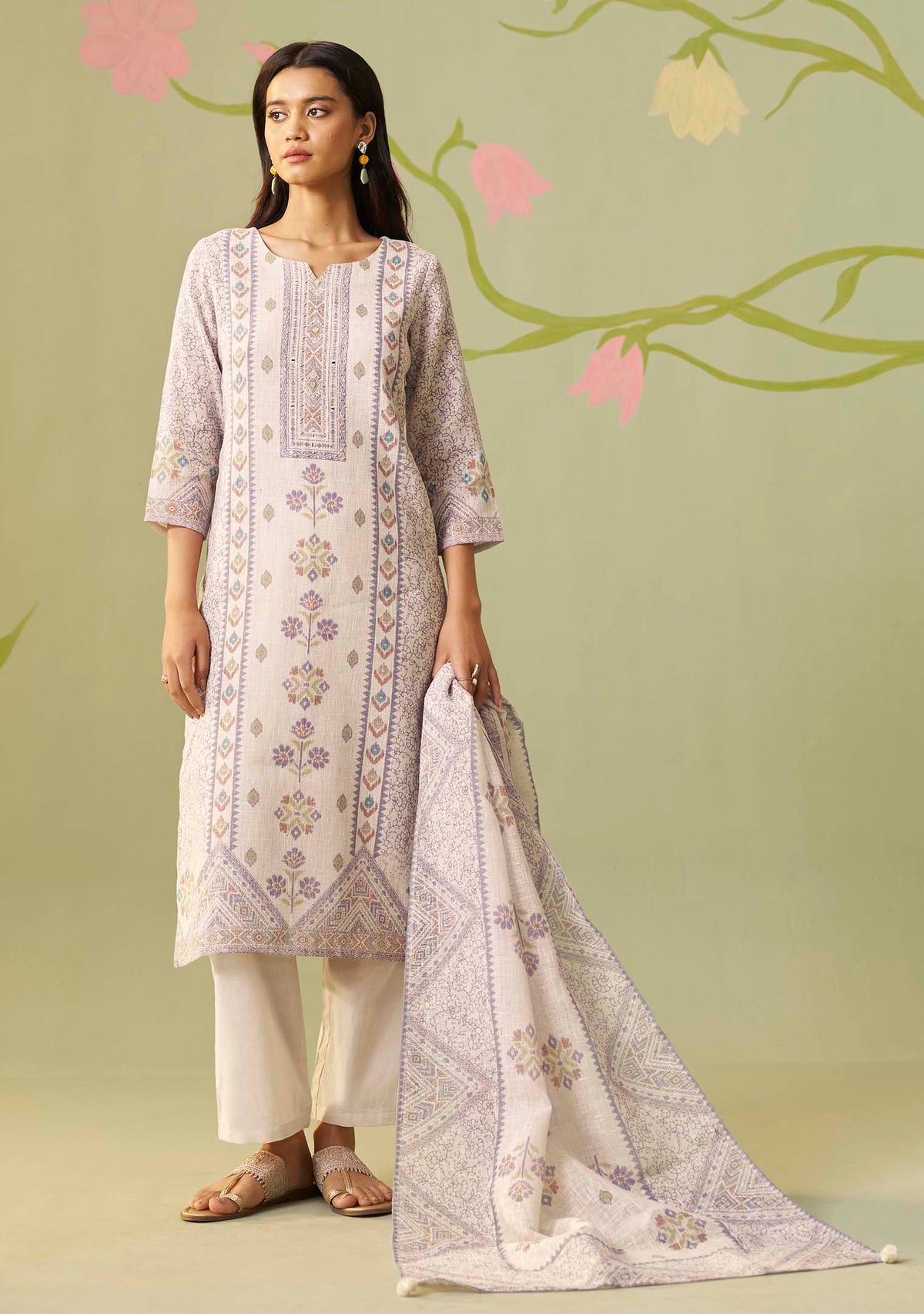 Chandrika Cream Handworked Digital-Print Kurta Set
