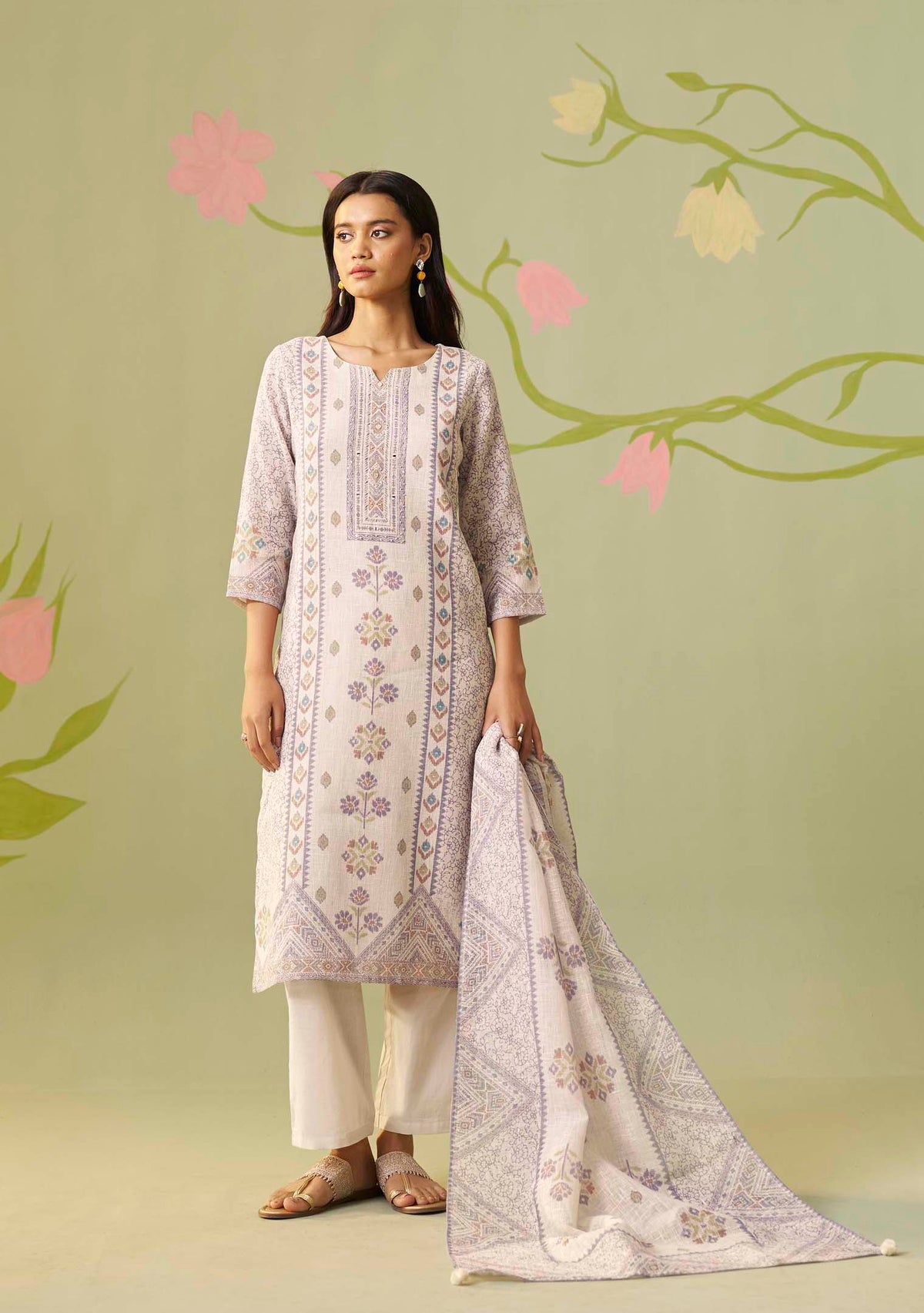 Chandrika Cream Handworked Digital-Print Kurta Set