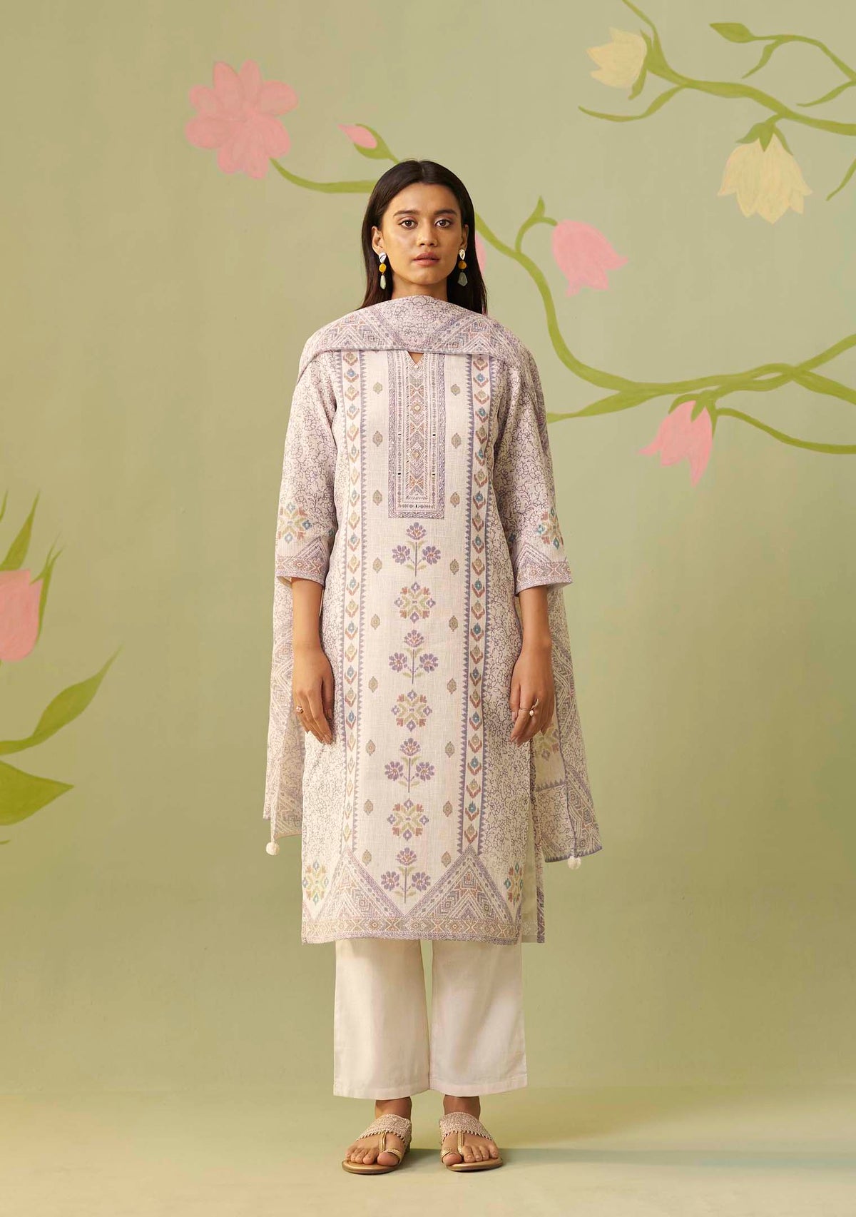 Chandrika Cream Handworked Digital-Print Kurta Set