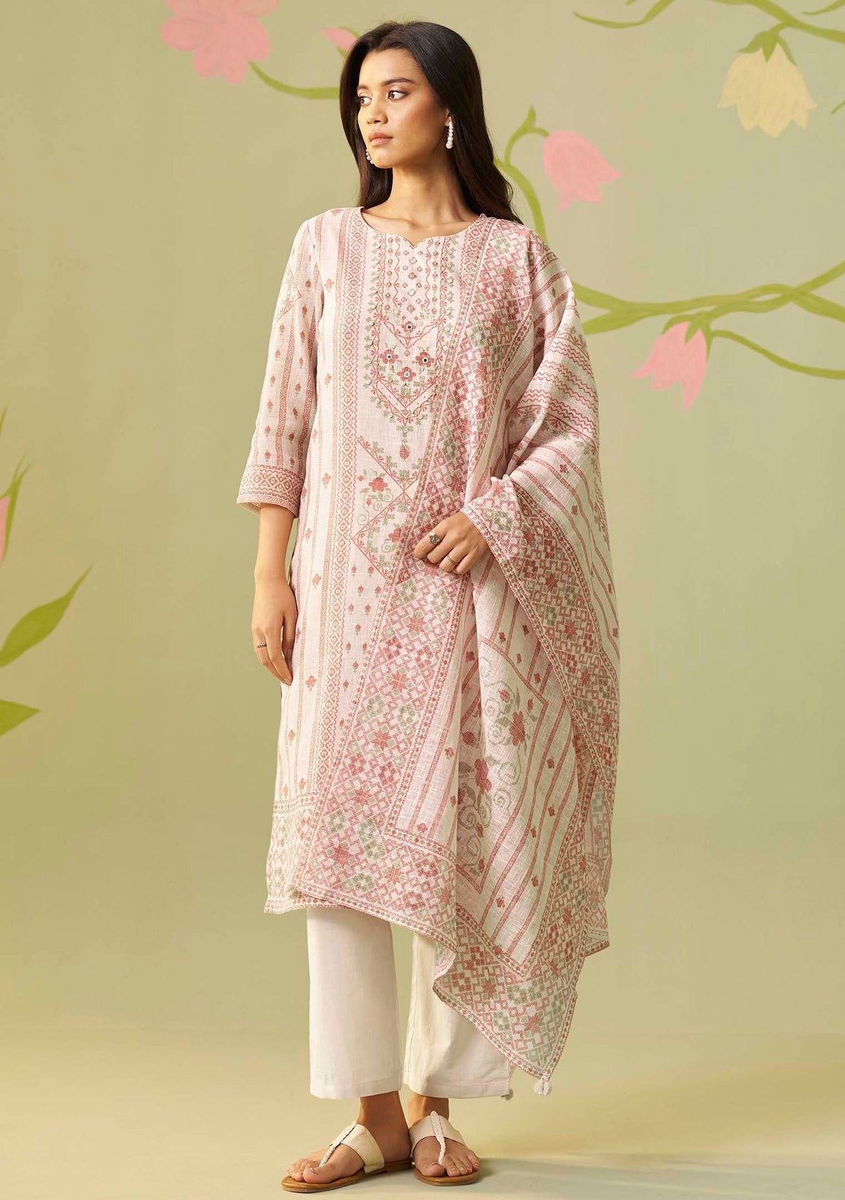 Cream Noor Poly Linen Kurti Set with Handwork