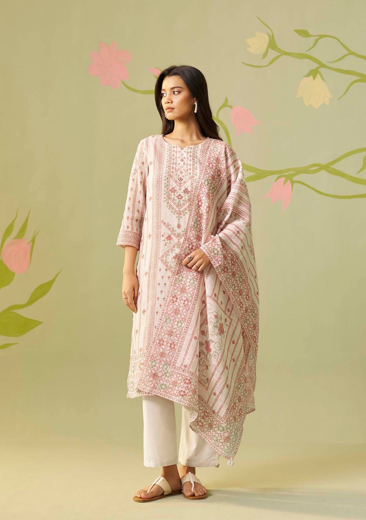 Cream Noor Poly Linen Kurti Set with Handwork