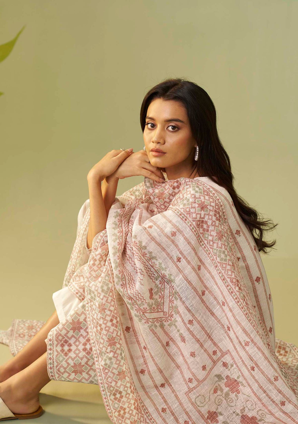 Cream Noor Poly Linen Kurti Set with Handwork