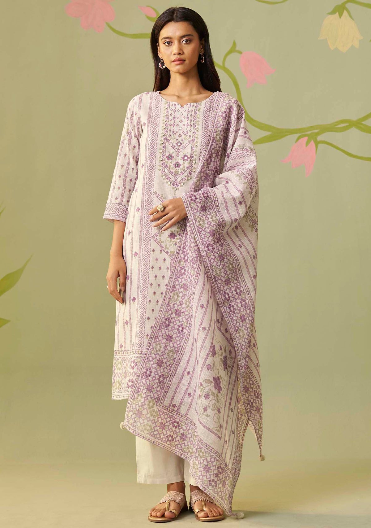 Cream Meher Digital Print Kurta Set with Handwork