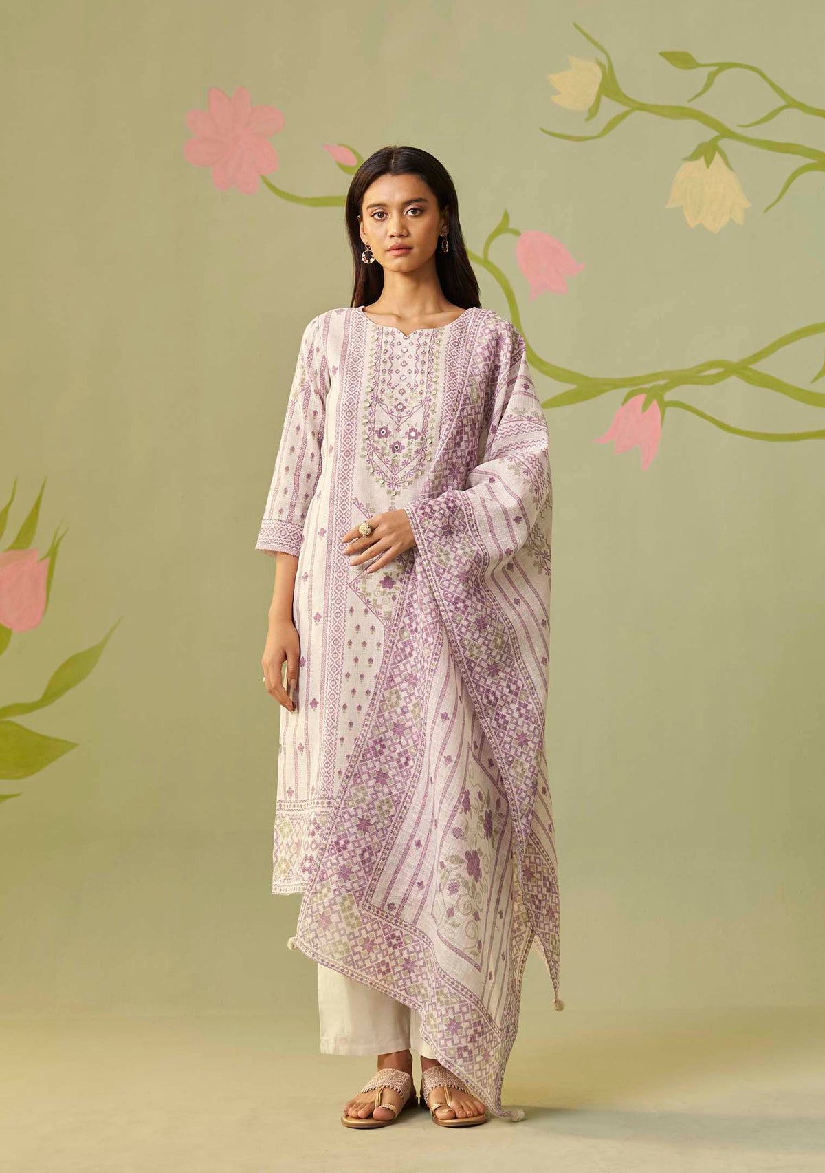 Cream Meher Digital Print Kurta Set with Handwork