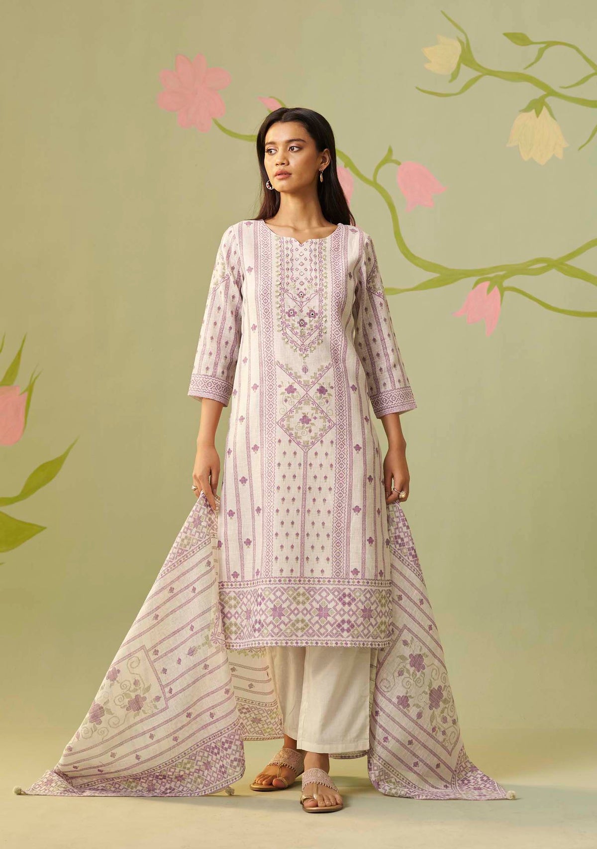 Cream Meher Digital Print Kurta Set with Handwork