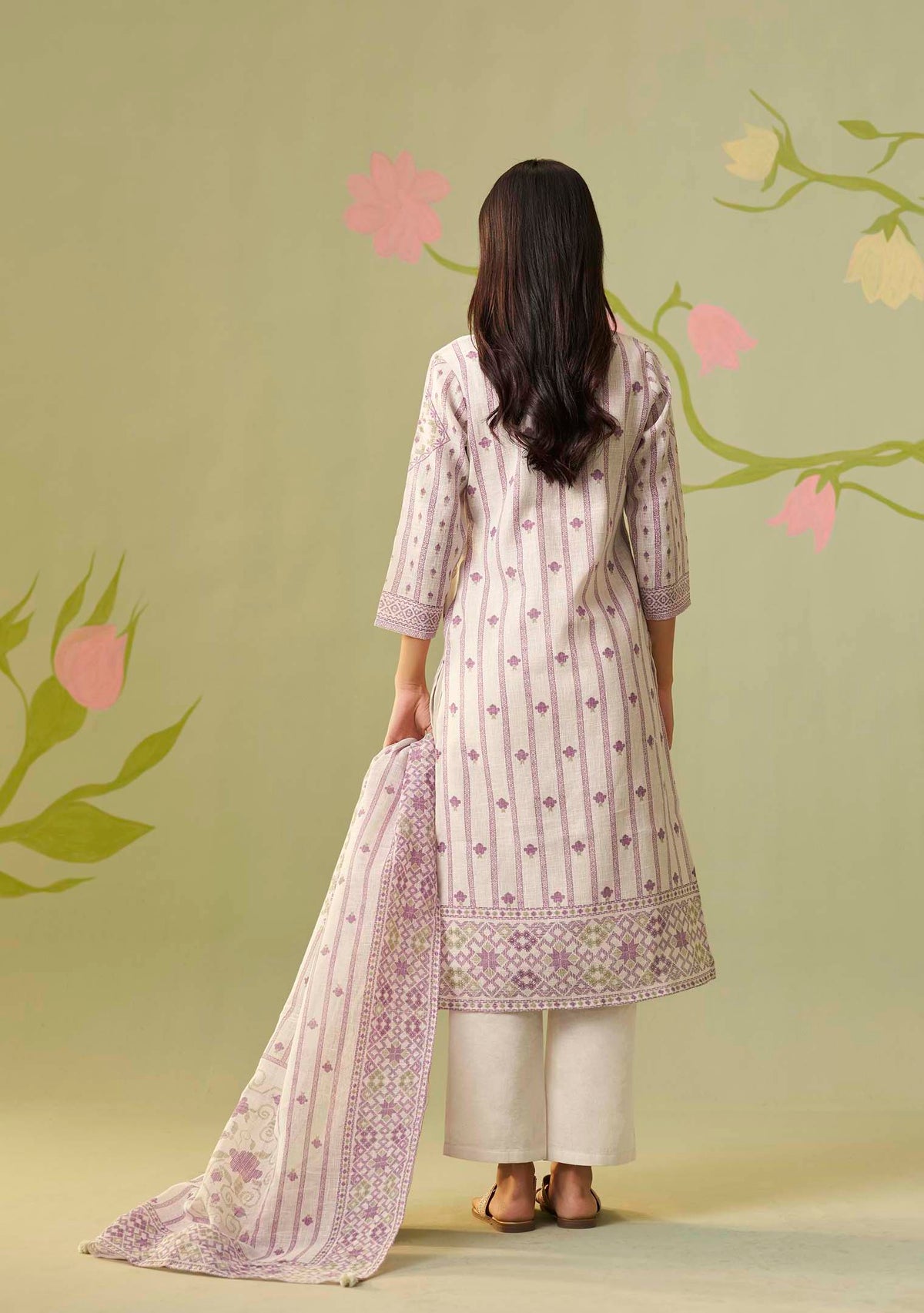 Cream Meher Digital Print Kurta Set with Handwork
