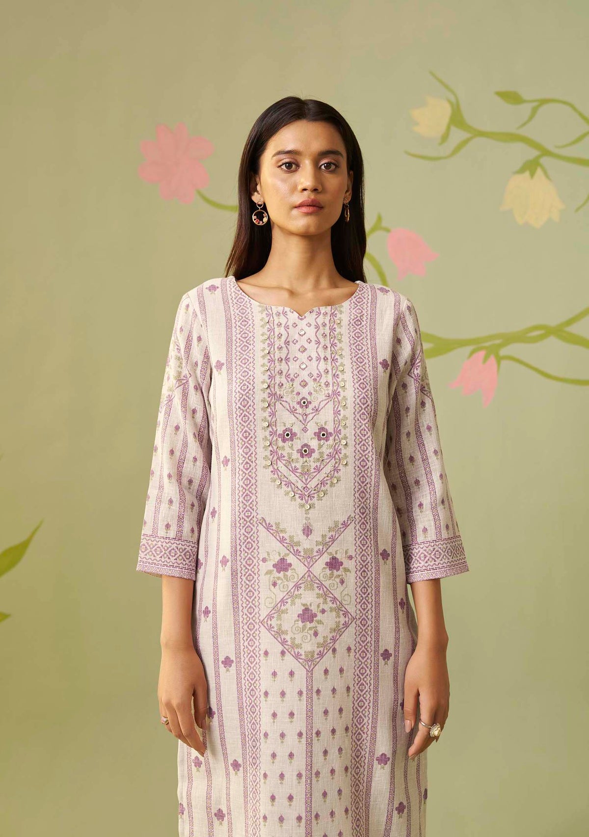 Cream Meher Digital Print Kurta Set with Handwork