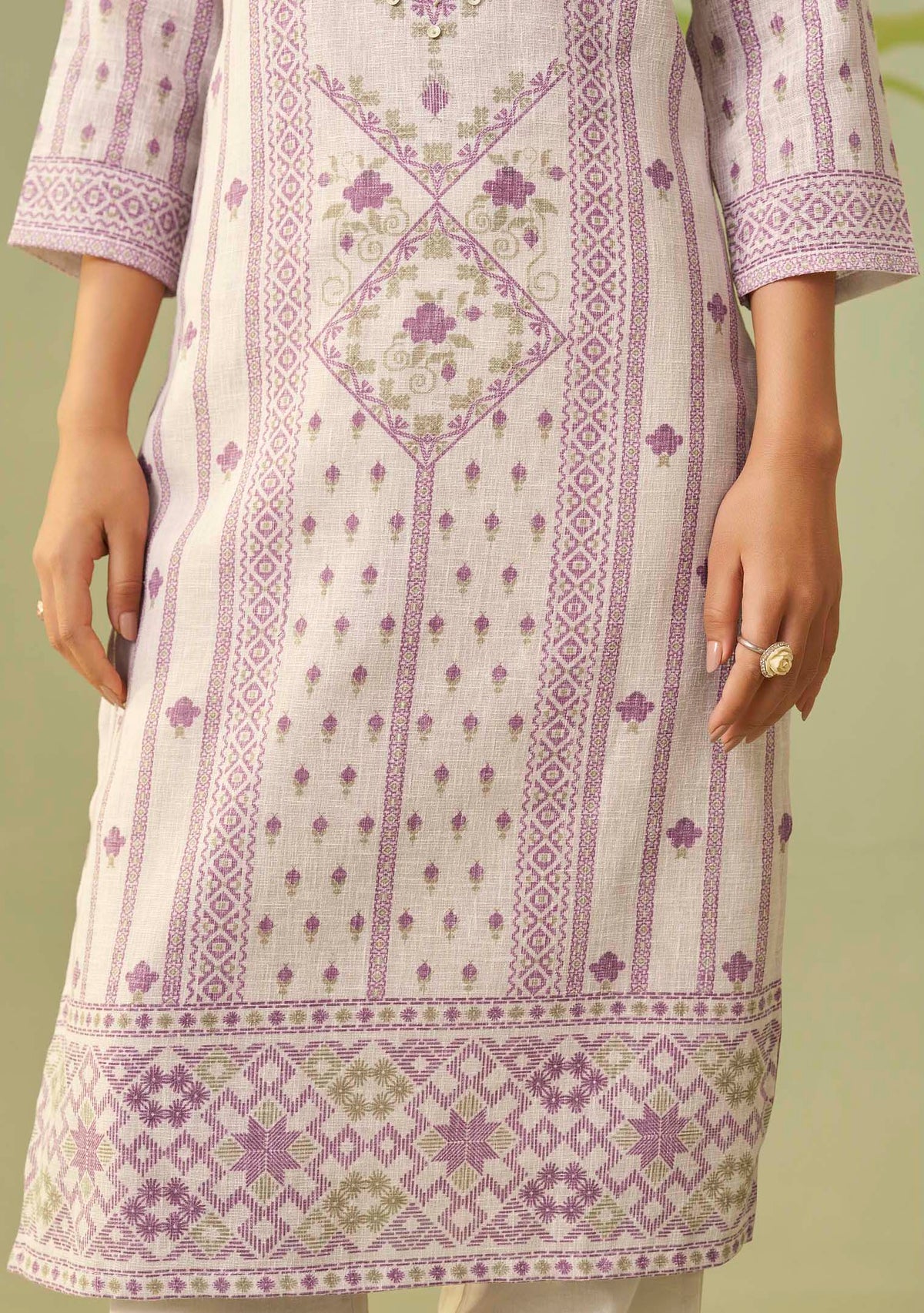 Cream Meher Digital Print Kurta Set with Handwork
