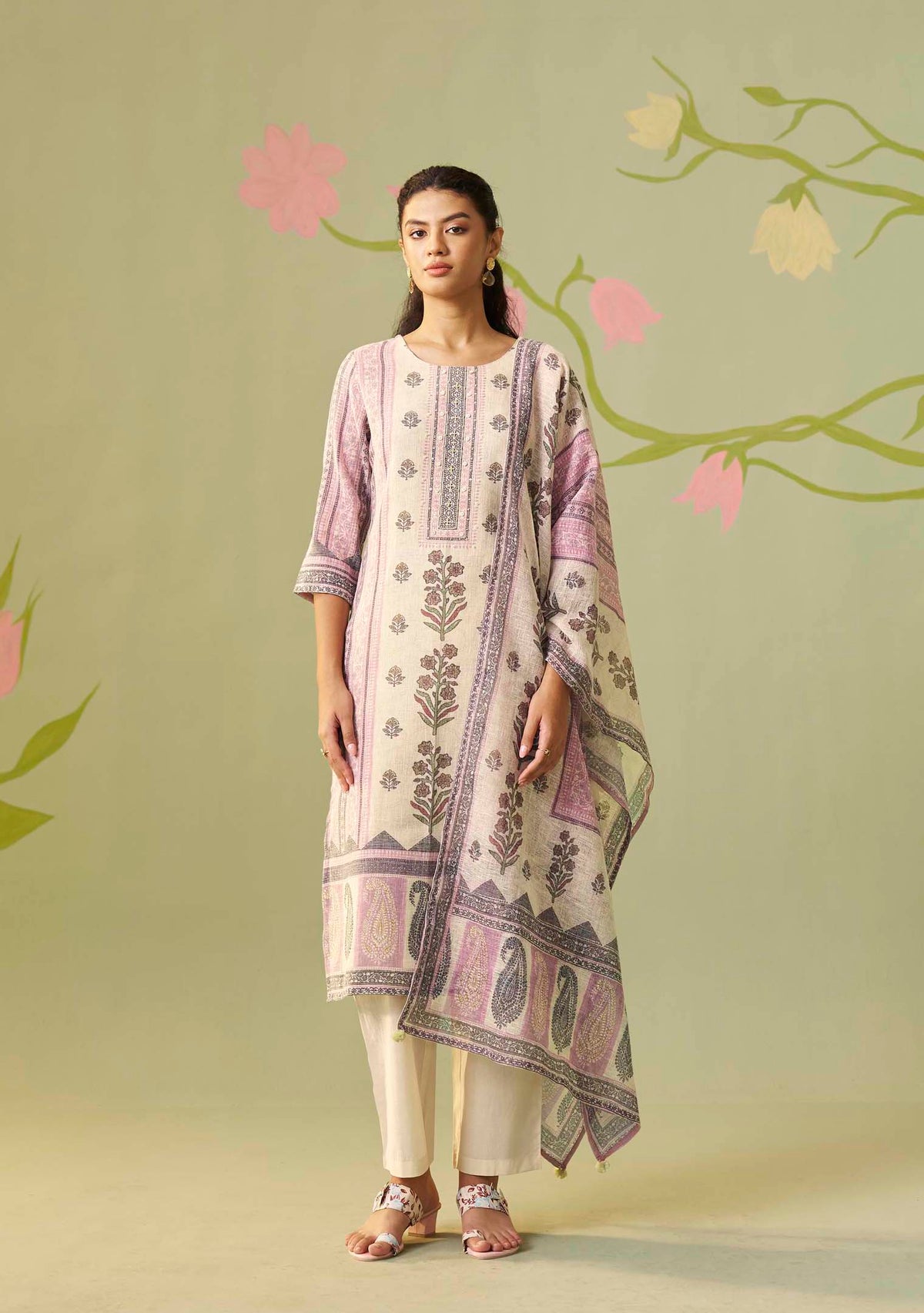Cream Poly Linen Digital Print Kurta Handwork