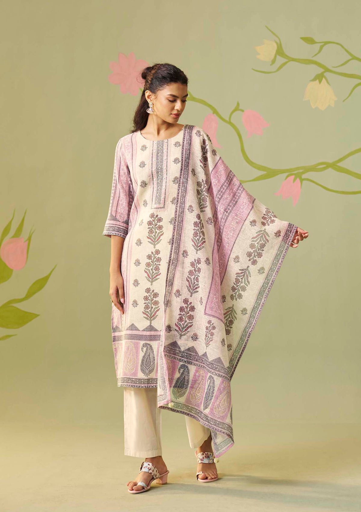 Cream Poly Linen Digital Print Kurta Handwork