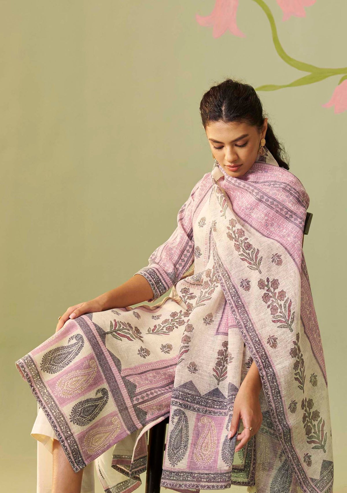 Cream Poly Linen Digital Print Kurta Handwork