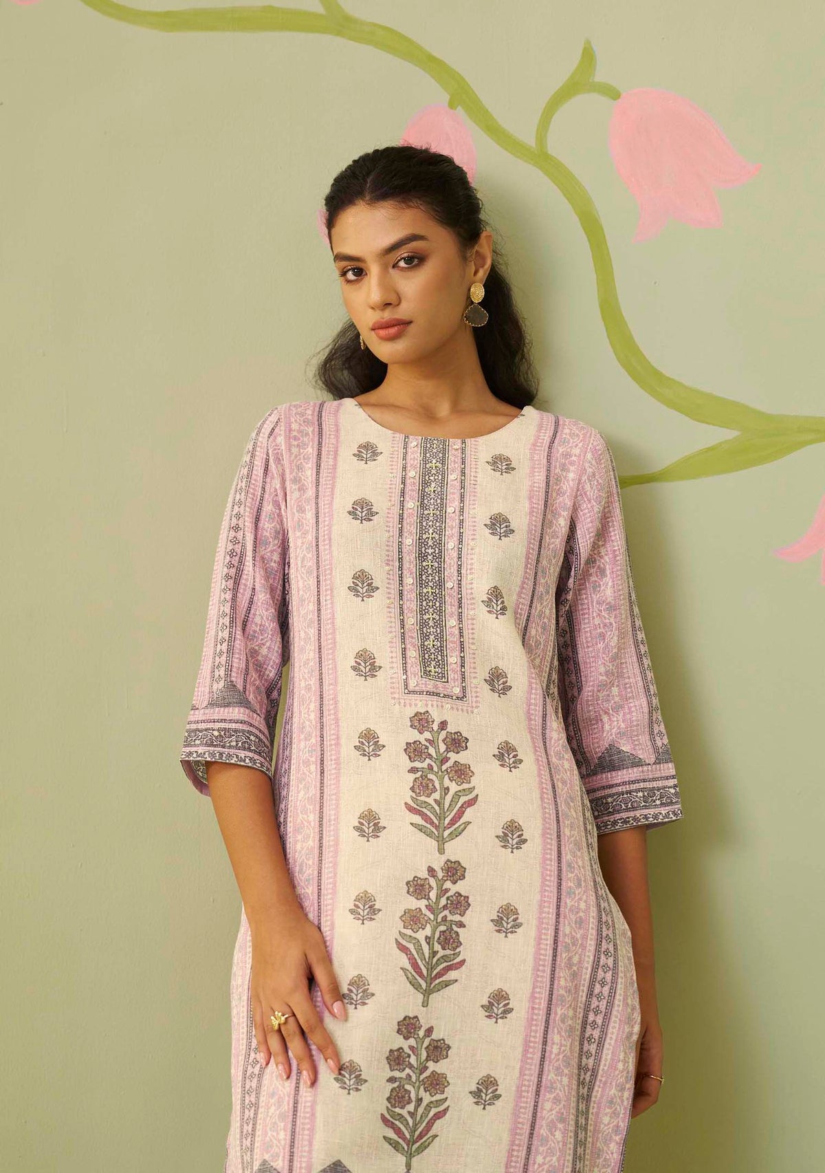 Cream Poly Linen Digital Print Kurta Handwork
