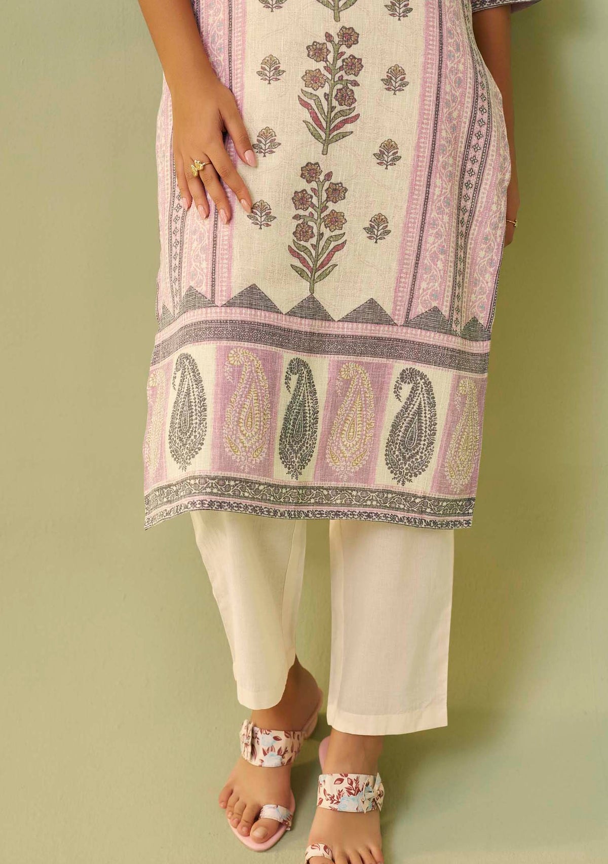 Cream Poly Linen Digital Print Kurta Handwork