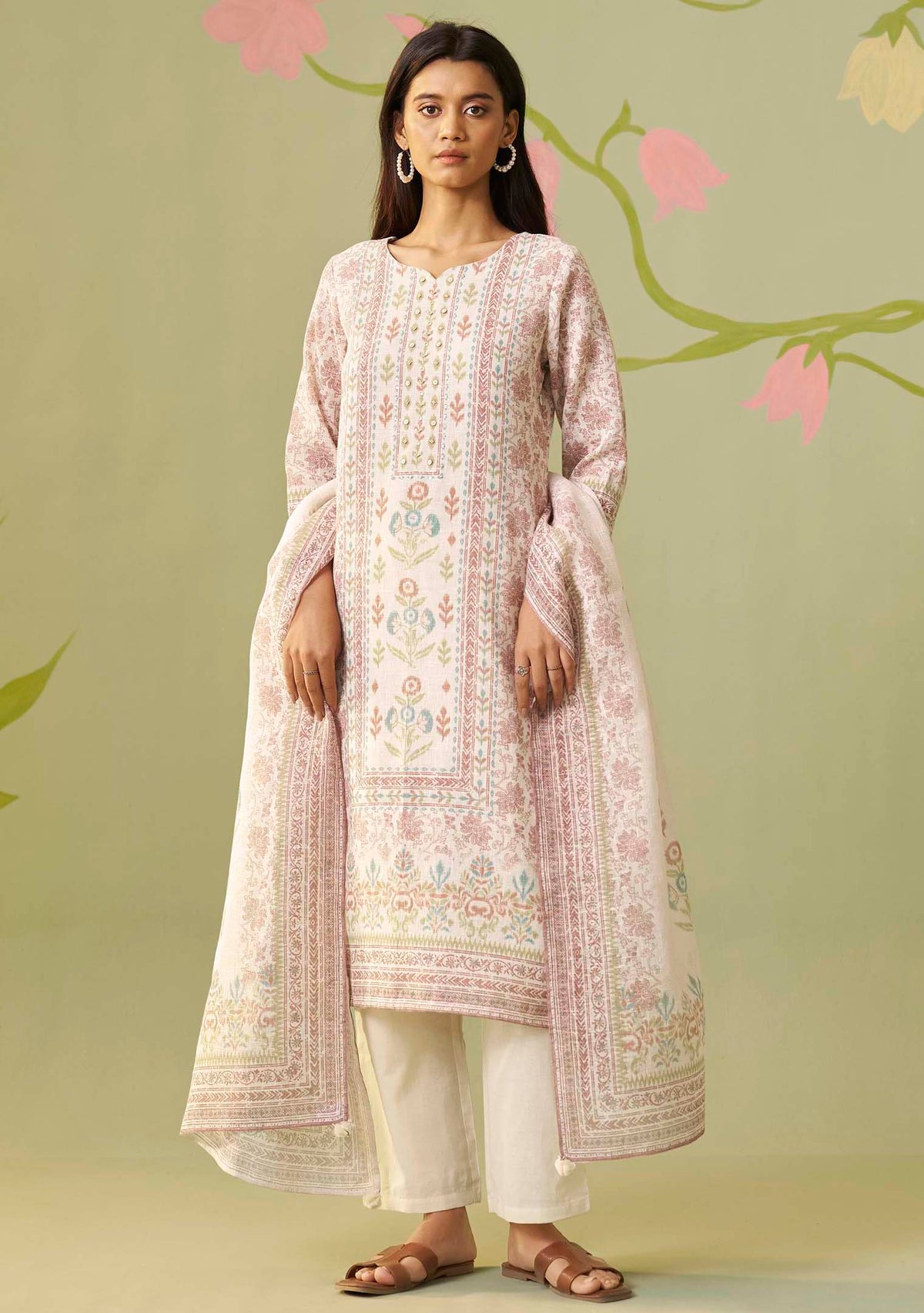 Cream Poly Linen Digital Print Kurta with Handwork