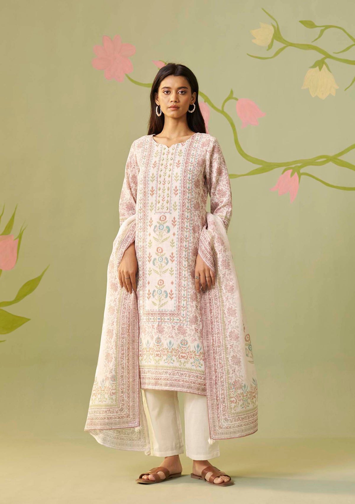Cream Poly Linen Digital Print Kurta with Handwork