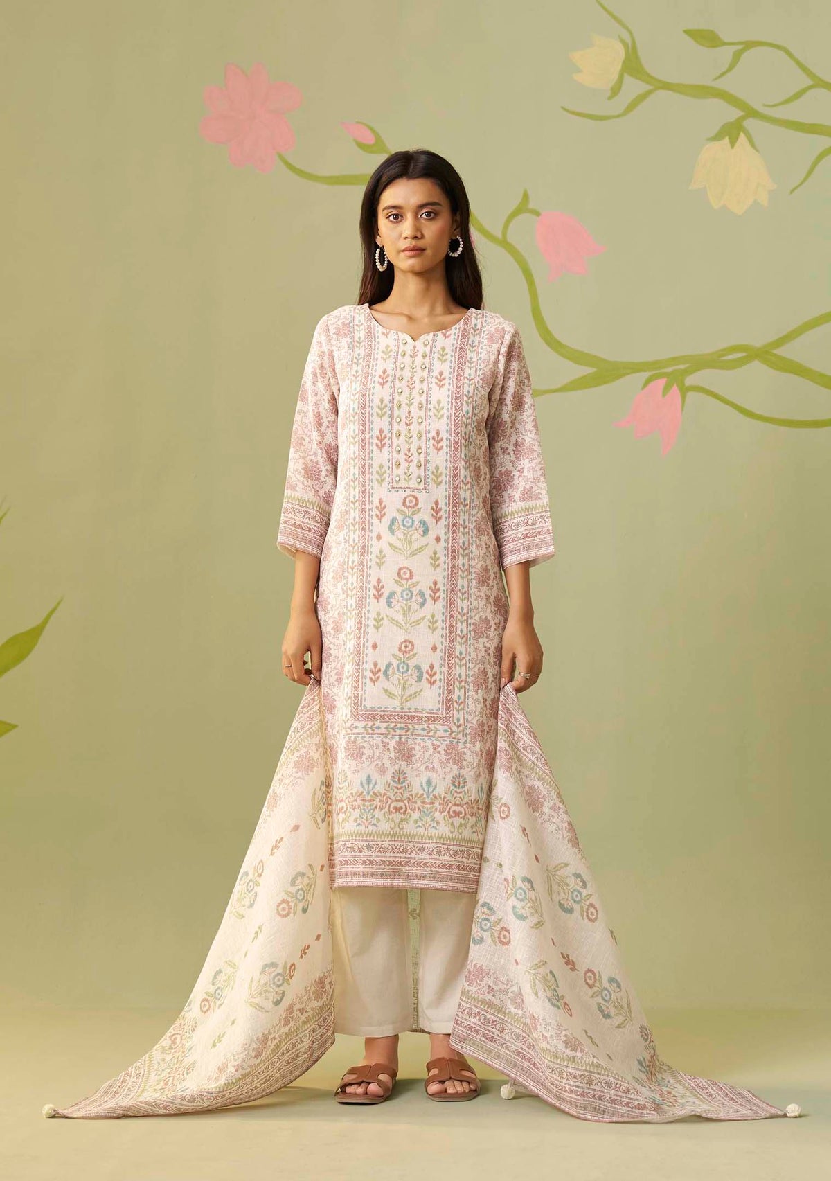 Cream Poly Linen Digital Print Kurta with Handwork
