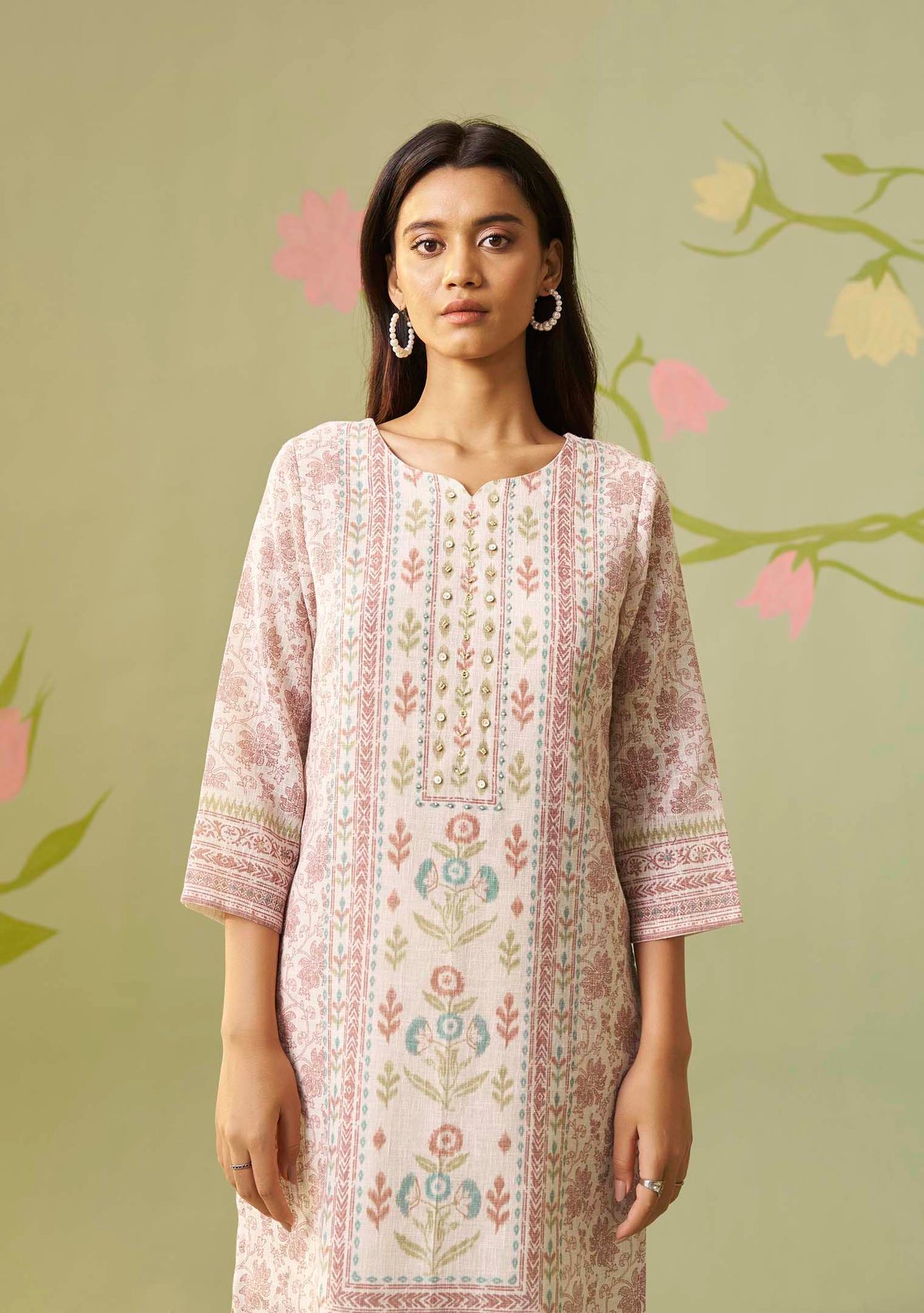 Cream Poly Linen Digital Print Kurta with Handwork