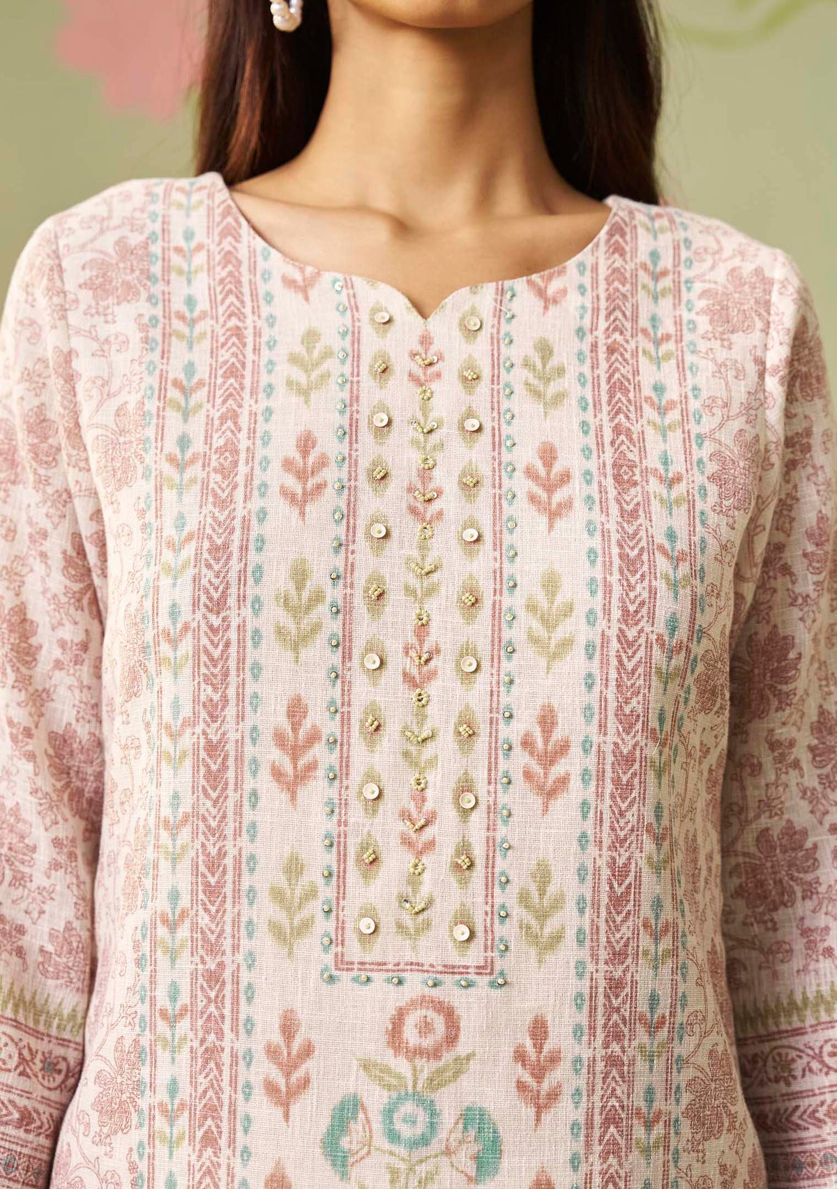 Cream Poly Linen Digital Print Kurta with Handwork