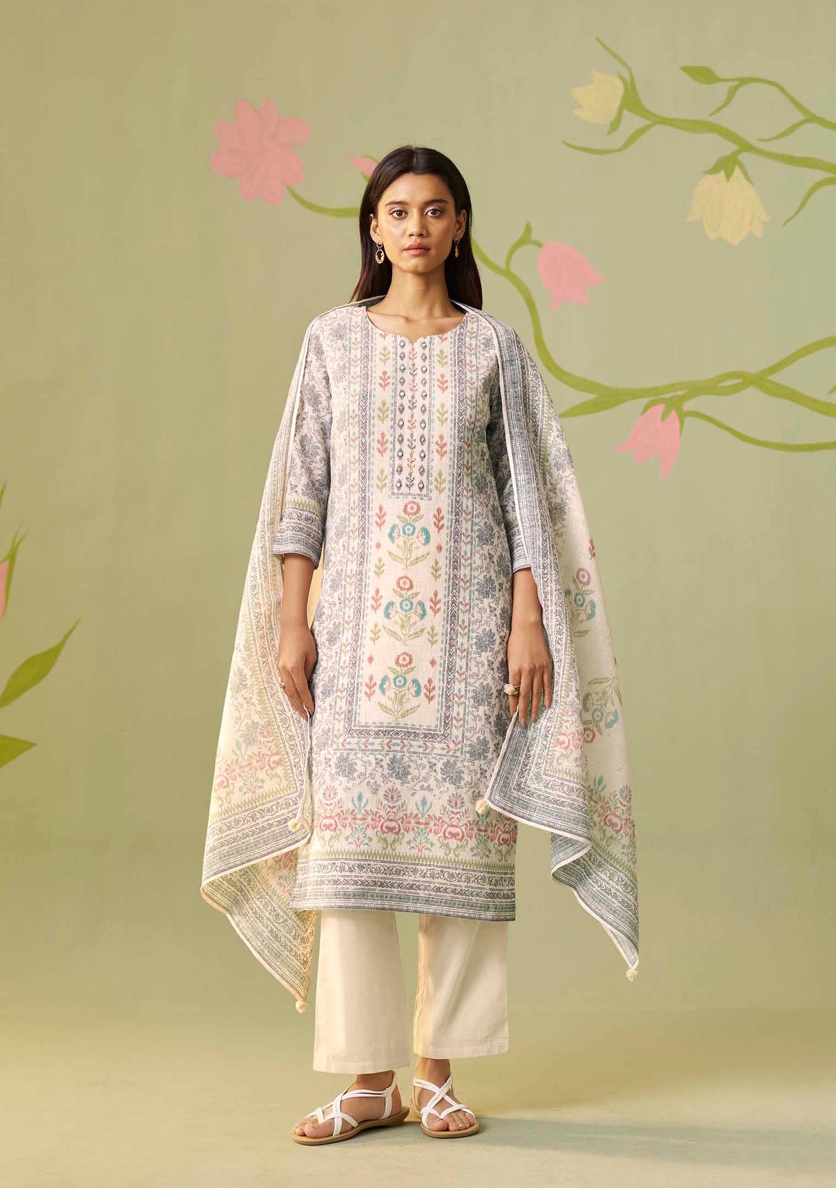 Cream Poly Linen Digital Print Kurta Set with Handwork