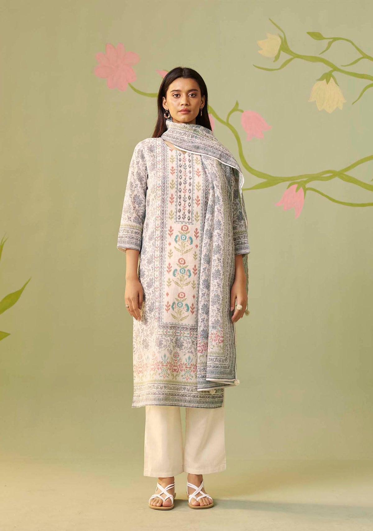 Cream Poly Linen Digital Print Kurta Set with Handwork