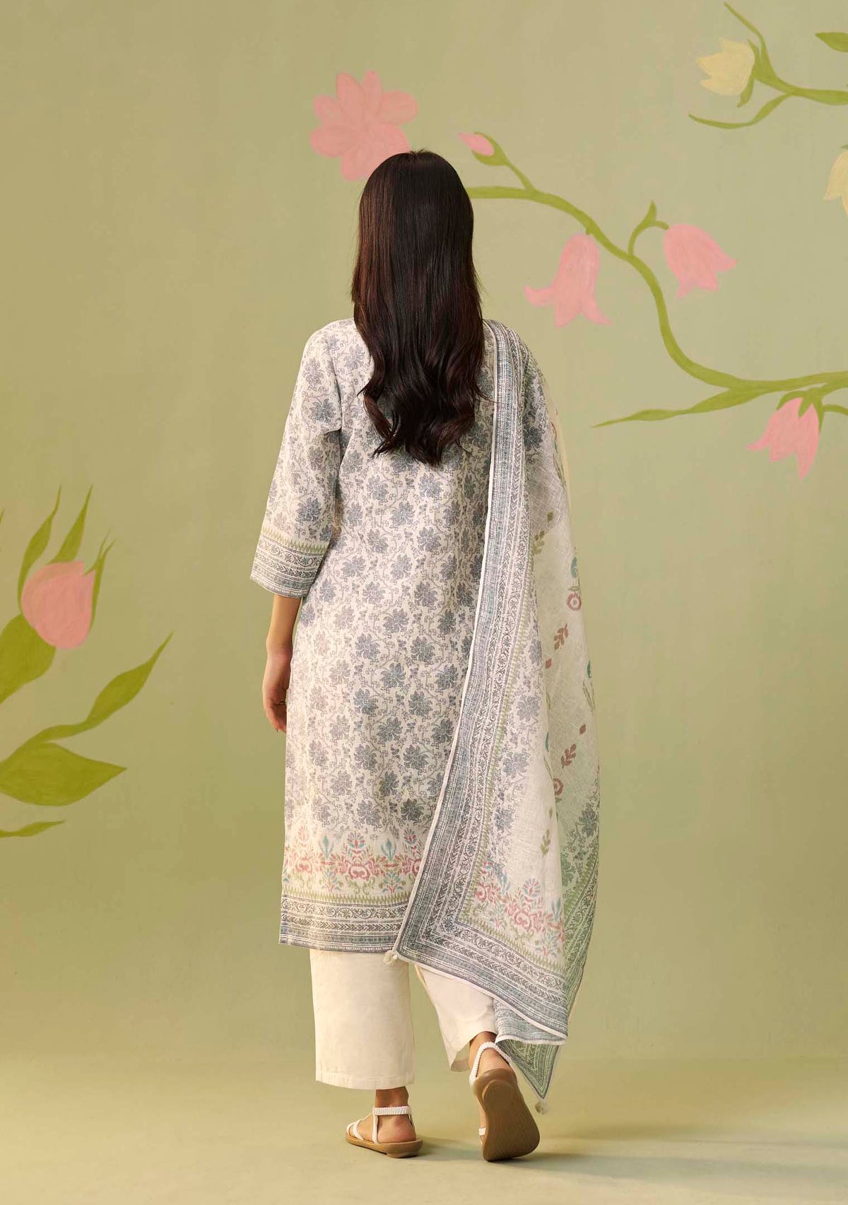 Cream Poly Linen Digital Print Kurta Set with Handwork