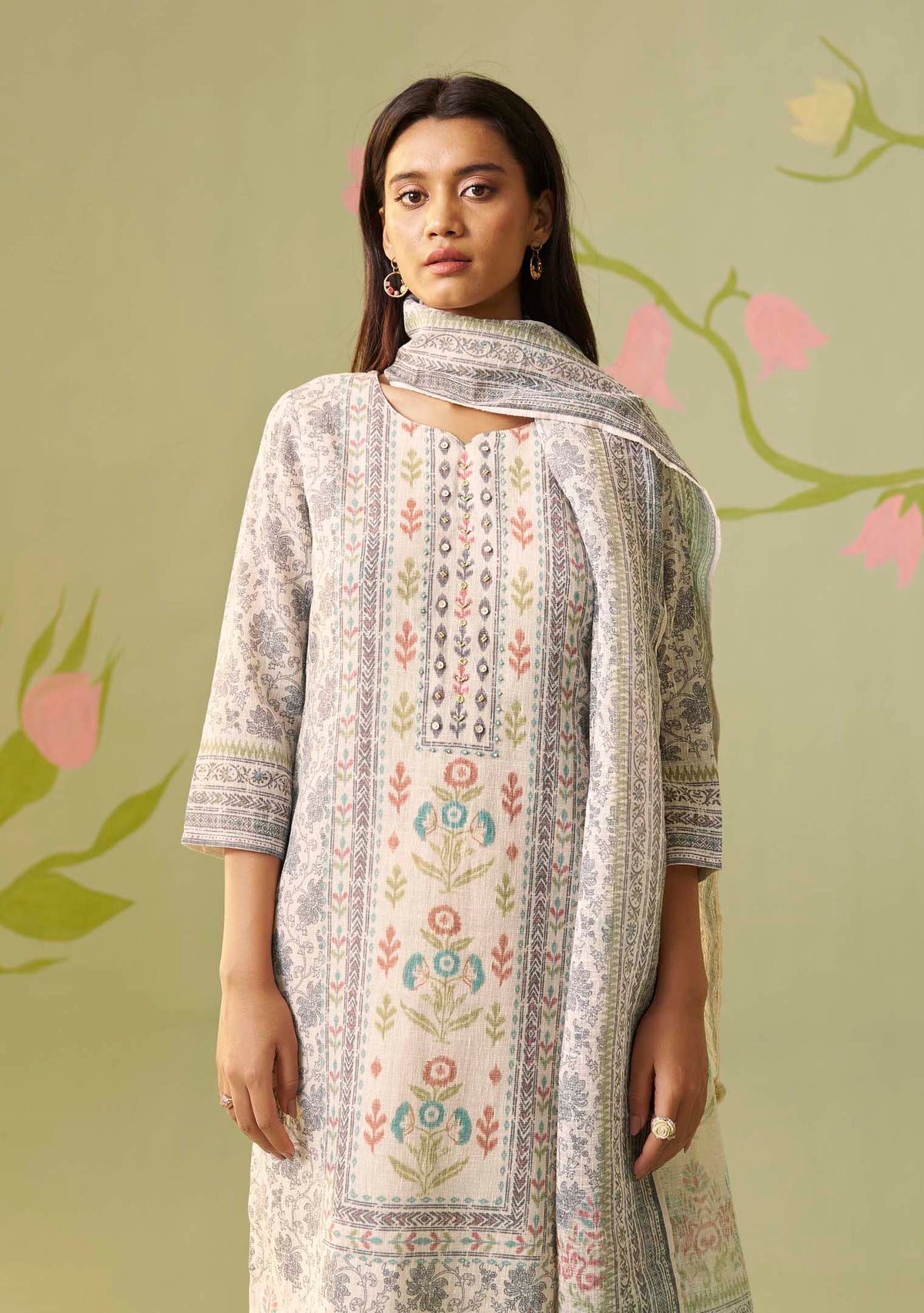 Cream Poly Linen Digital Print Kurta Set with Handwork