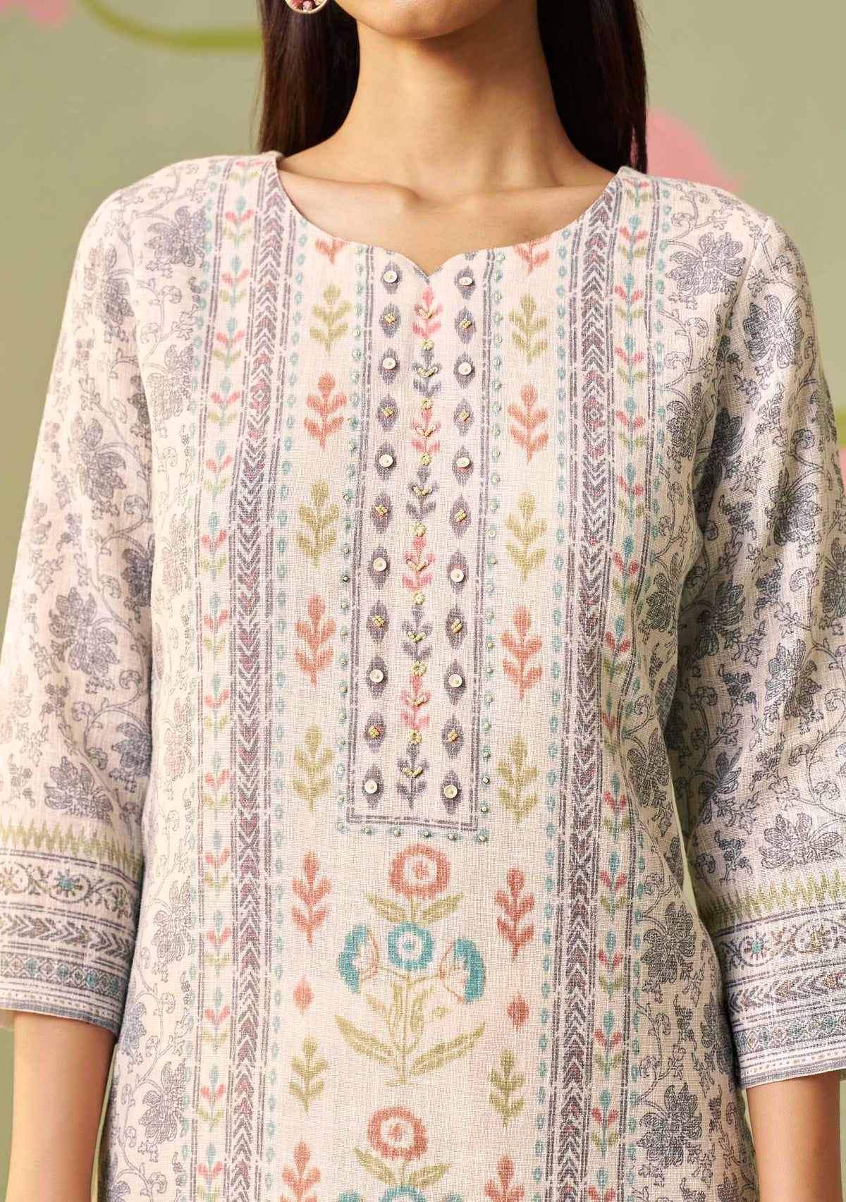 Cream Poly Linen Digital Print Kurta Set with Handwork