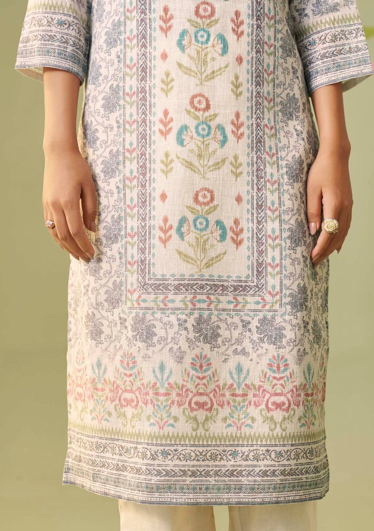 Cream Poly Linen Digital Print Kurta Set with Handwork