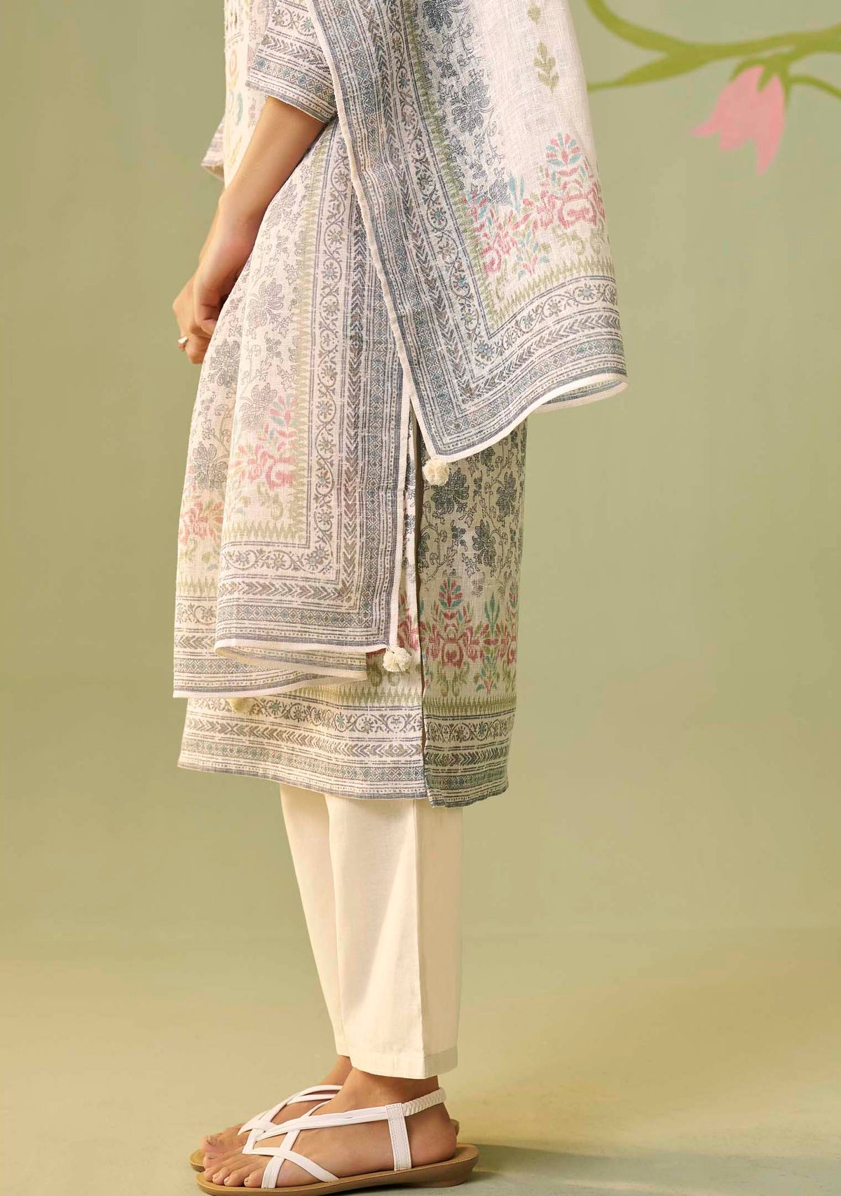 Cream Poly Linen Digital Print Kurta Set with Handwork