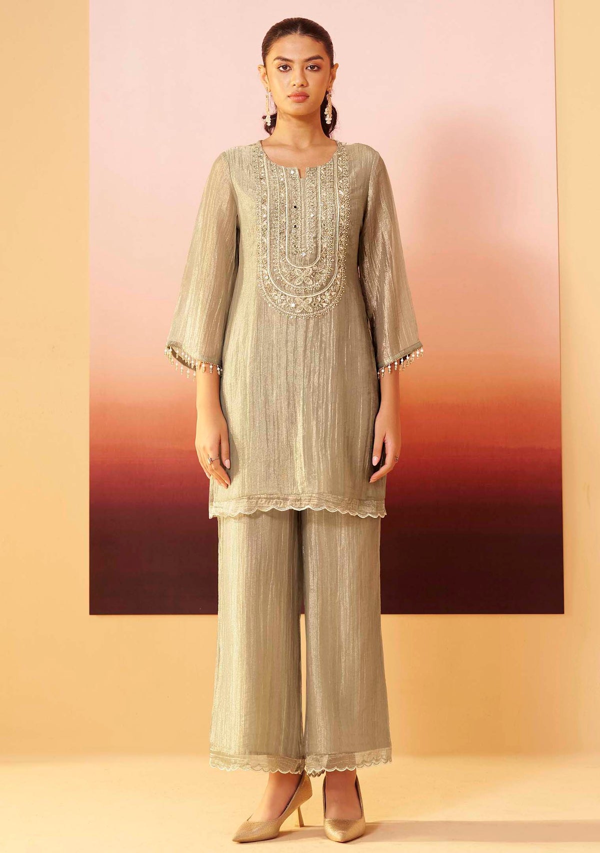 Moonlit Grey Shimmer Embroidered Co-ord Set