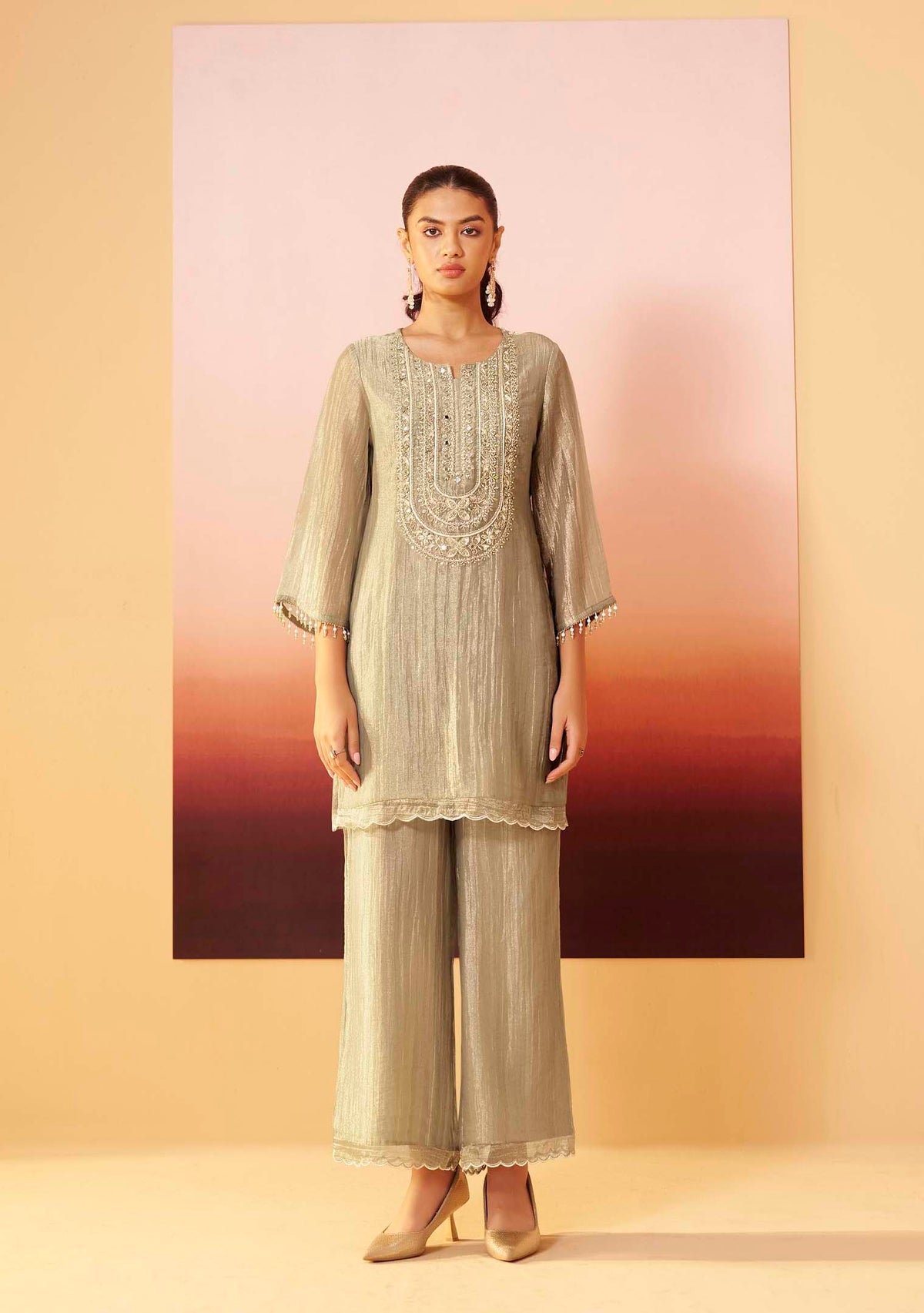 Moonlit Grey Shimmer Embroidered Co-ord Set