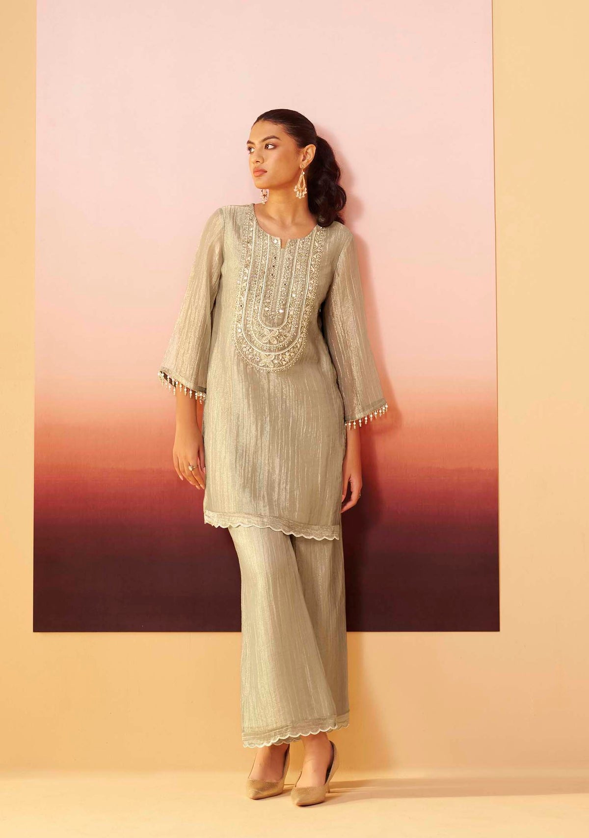 Moonlit Grey Shimmer Embroidered Co-ord Set