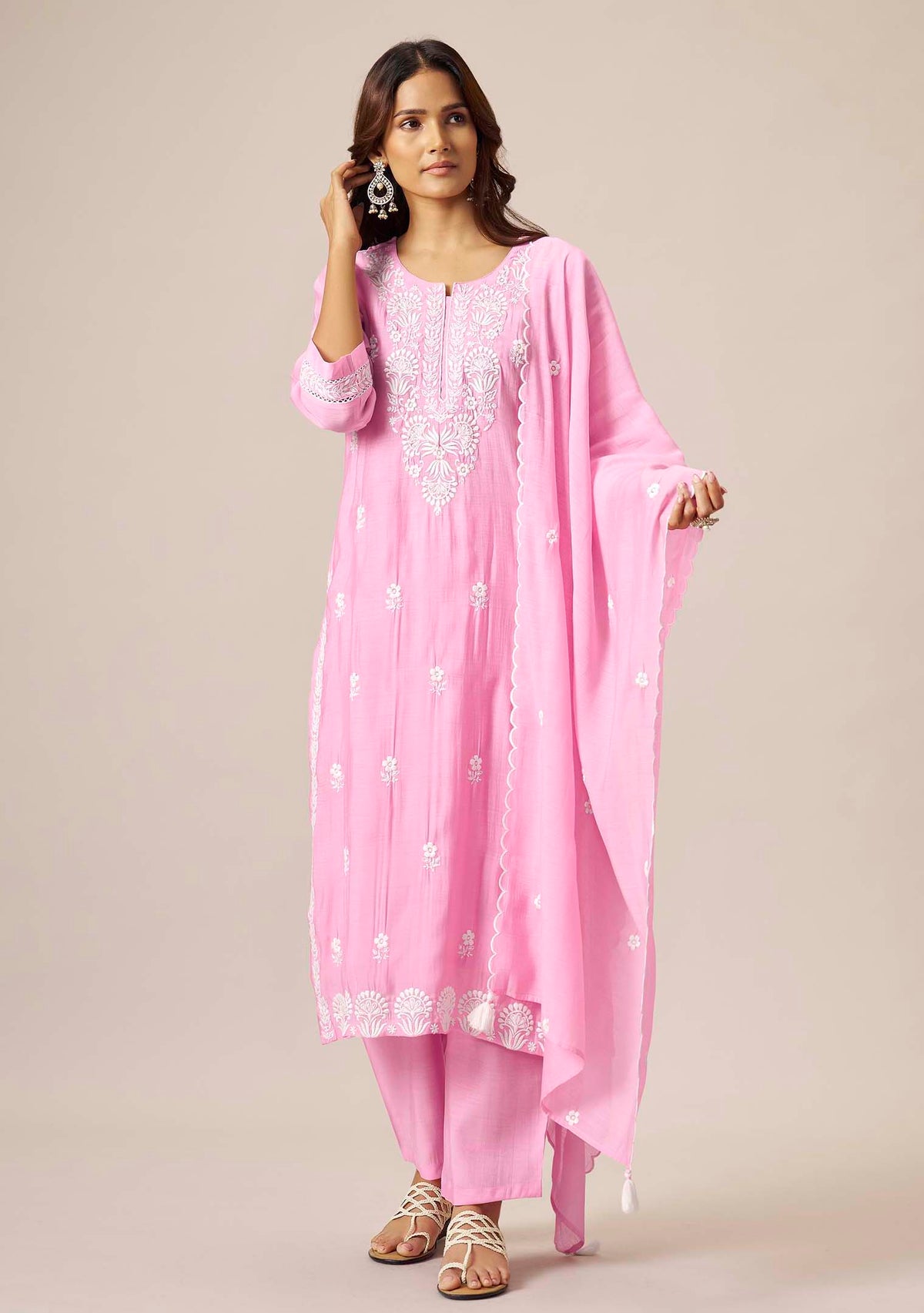 Baby Pink Chanderi Chikankari Straight Kurta Set | White Thread Embroidery | 3-Piece | Festive 2026