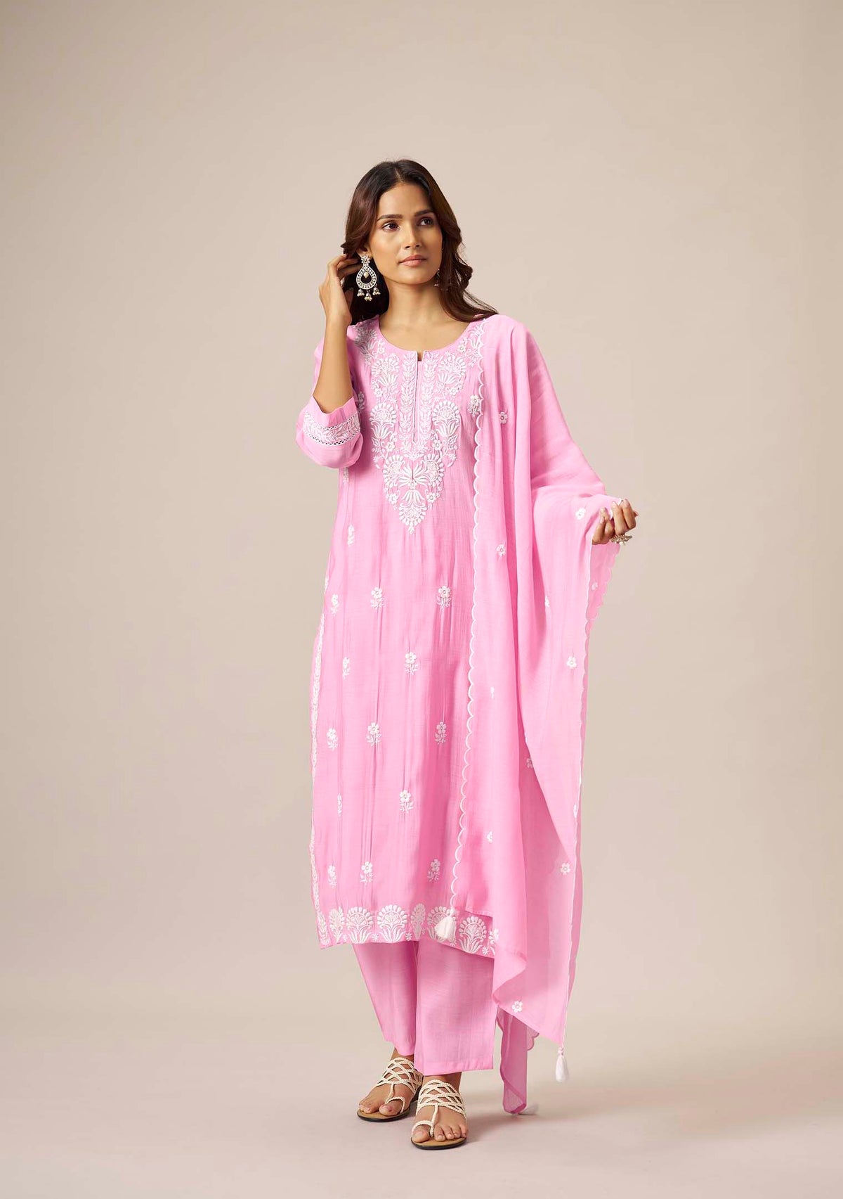 Baby Pink Chanderi Chikankari Straight Kurta Set | White Thread Embroidery | 3-Piece | Festive 2026