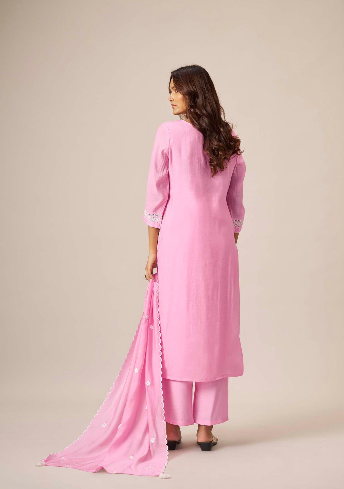 Baby Pink Chanderi Chikankari Straight Kurta Set | White Thread Embroidery | 3-Piece | Festive 2026