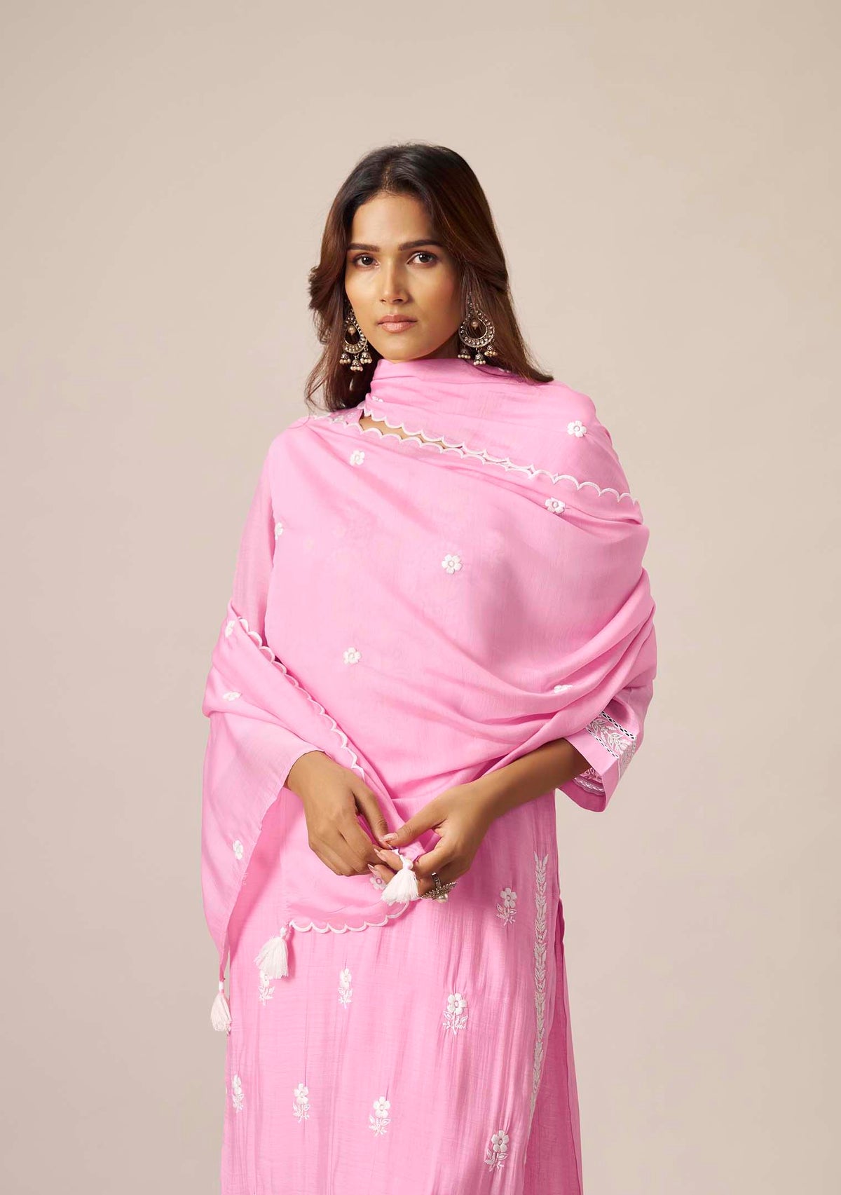 Baby Pink Chanderi Chikankari Straight Kurta Set | White Thread Embroidery | 3-Piece | Festive 2026
