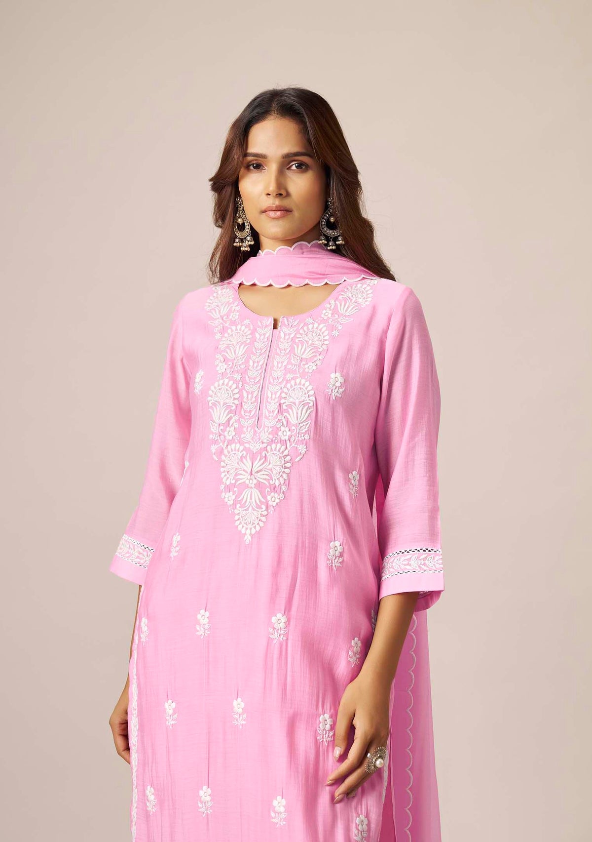 Baby Pink Chanderi Chikankari Straight Kurta Set | White Thread Embroidery | 3-Piece | Festive 2026