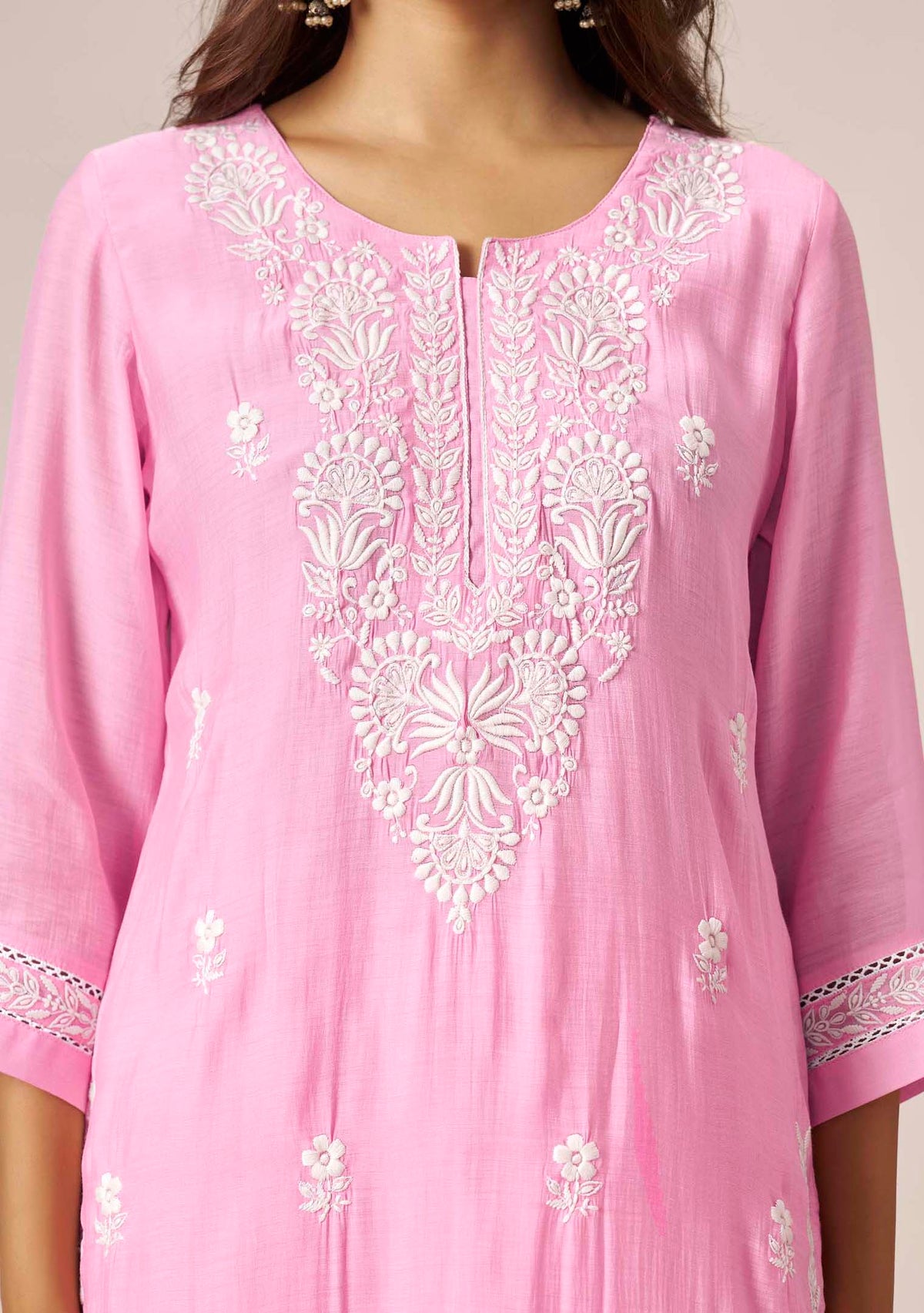 Baby Pink Chanderi Chikankari Straight Kurta Set | White Thread Embroidery | 3-Piece | Festive 2026