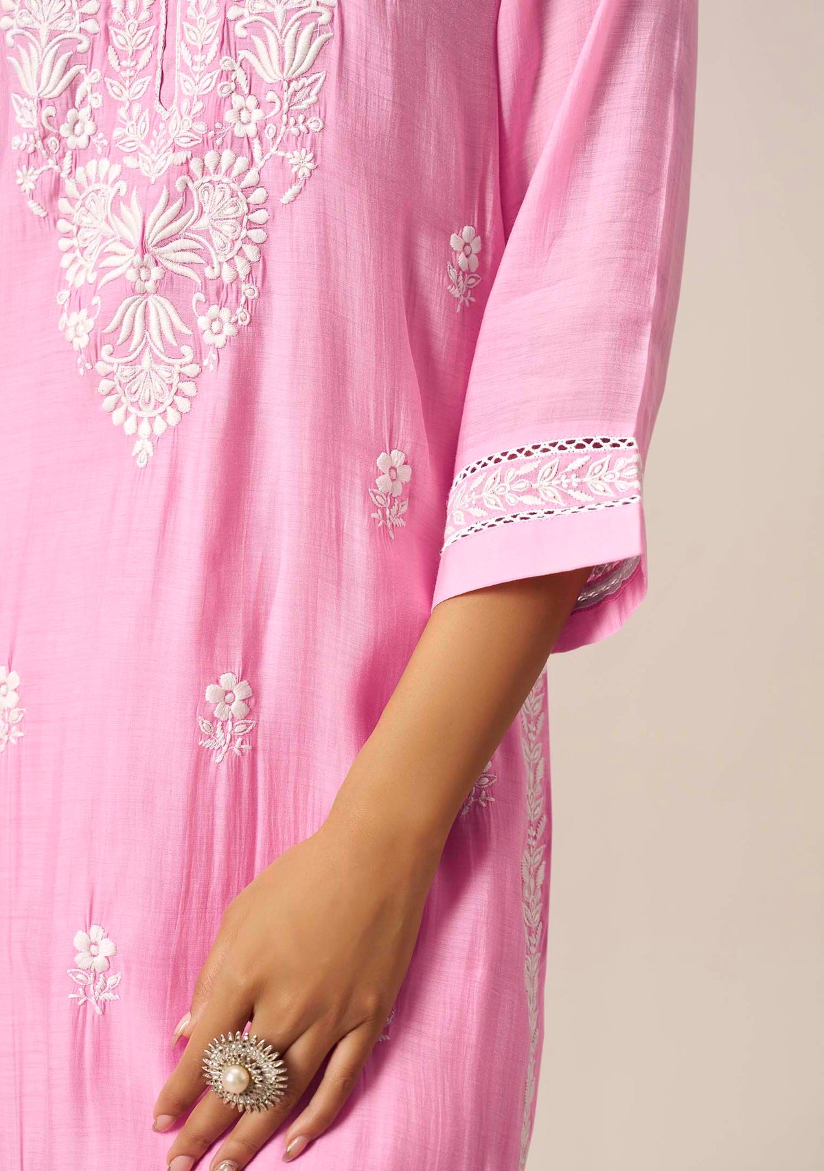 Baby Pink Chanderi Chikankari Straight Kurta Set | White Thread Embroidery | 3-Piece | Festive 2026