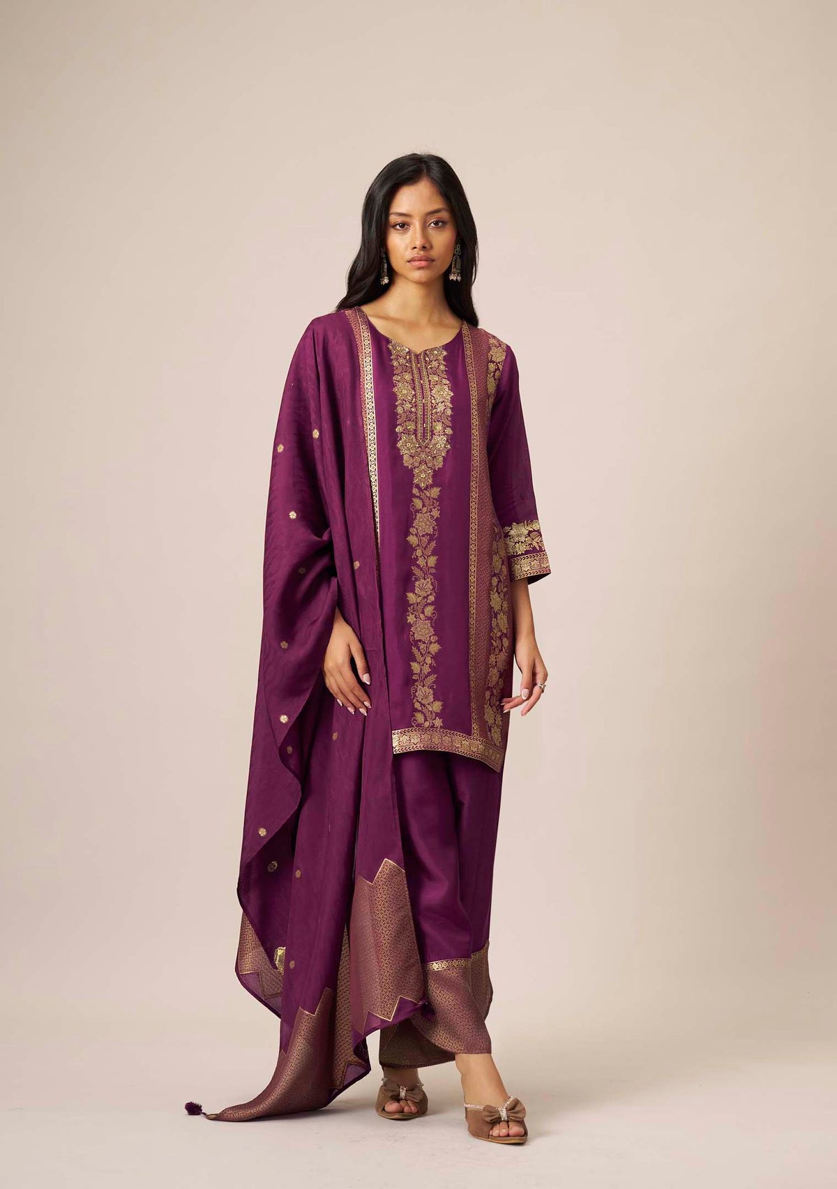 Wine Purple Dola Silk Jacquard Short Kurta with Palazzo Set | Handwork | 3-Piece | Festive 2026