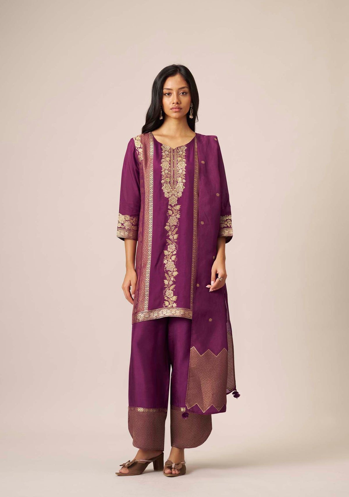 Wine Purple Dola Silk Jacquard Short Kurta with Palazzo Set | Handwork | 3-Piece | Festive 2026