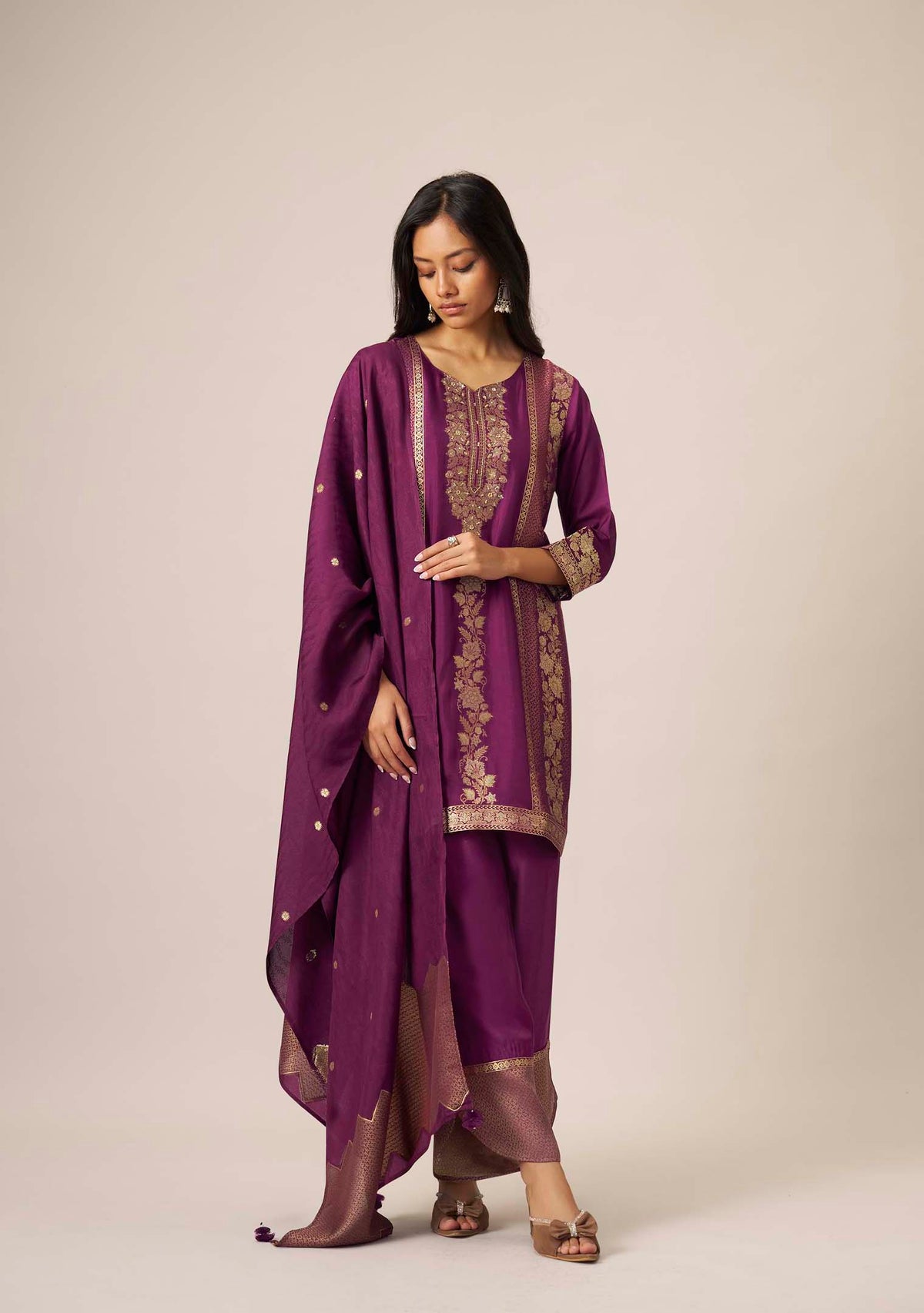 Wine Purple Dola Silk Jacquard Short Kurta with Palazzo Set | Handwork | 3-Piece | Festive 2026