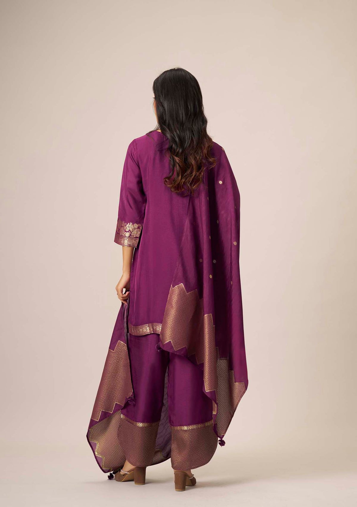 Wine Purple Dola Silk Jacquard Short Kurta with Palazzo Set | Handwork | 3-Piece | Festive 2026