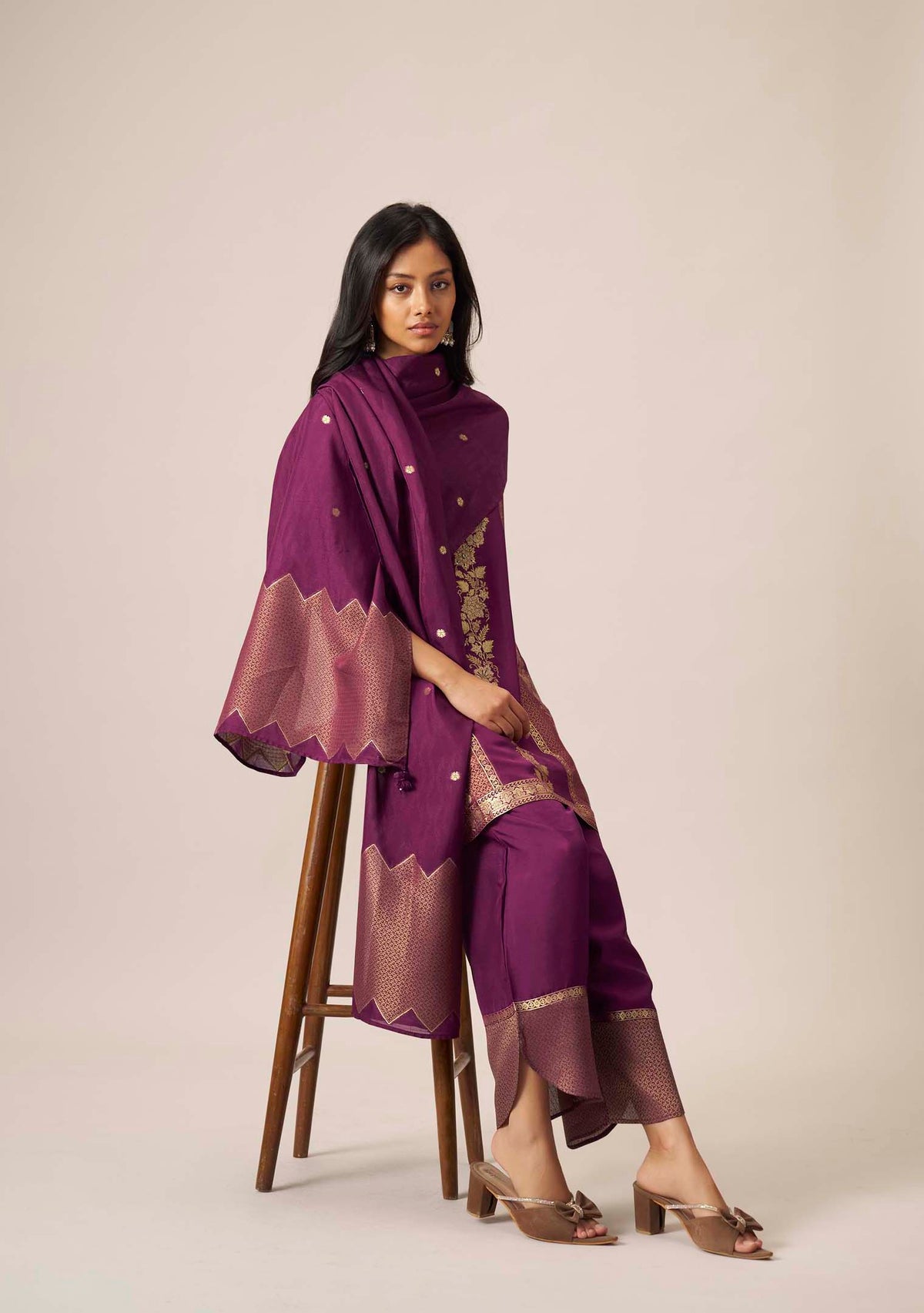 Wine Purple Dola Silk Jacquard Short Kurta with Palazzo Set | Handwork | 3-Piece | Festive 2026