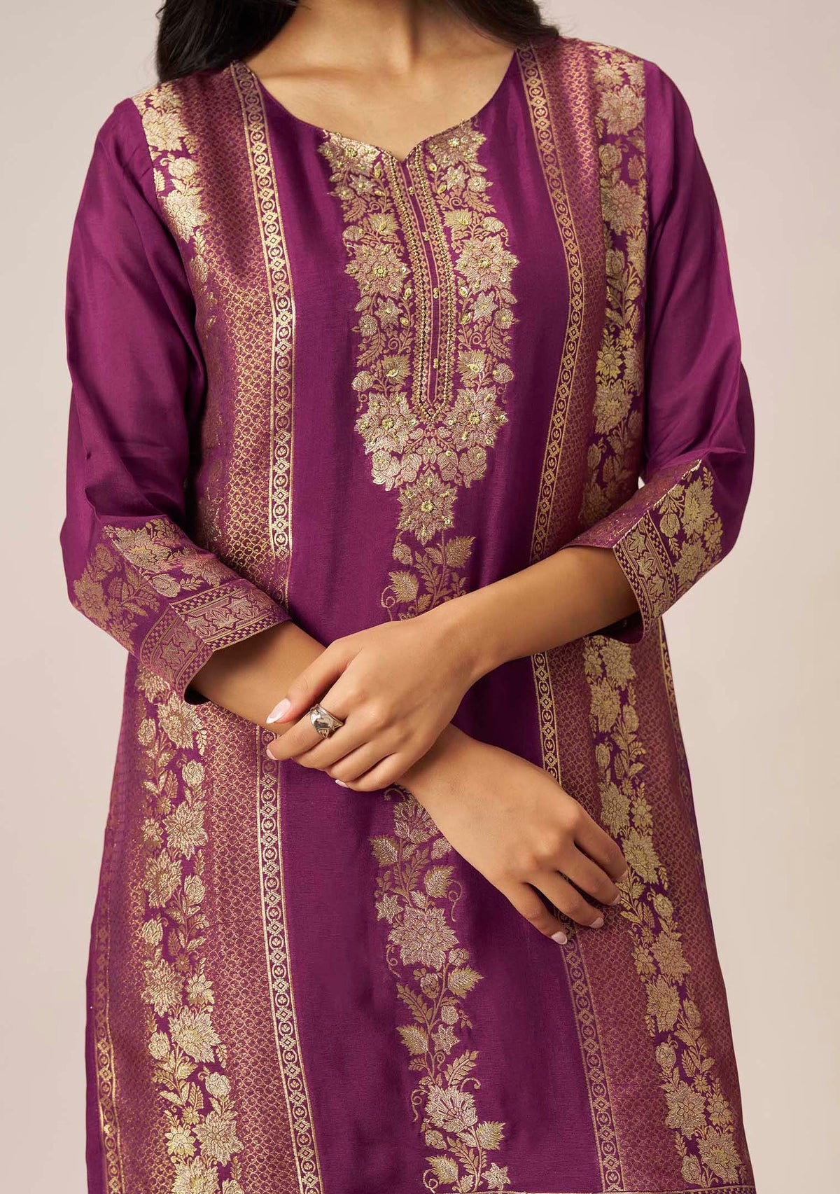 Wine Purple Dola Silk Jacquard Short Kurta with Palazzo Set | Handwork | 3-Piece | Festive 2026