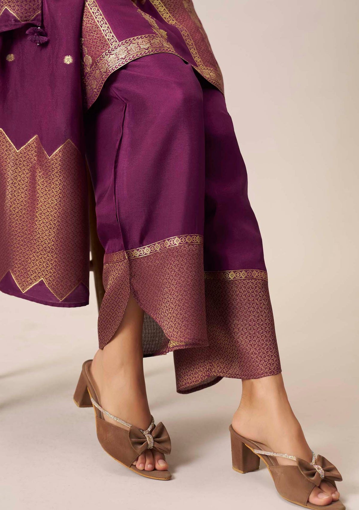 Wine Purple Dola Silk Jacquard Short Kurta with Palazzo Set | Handwork | 3-Piece | Festive 2026
