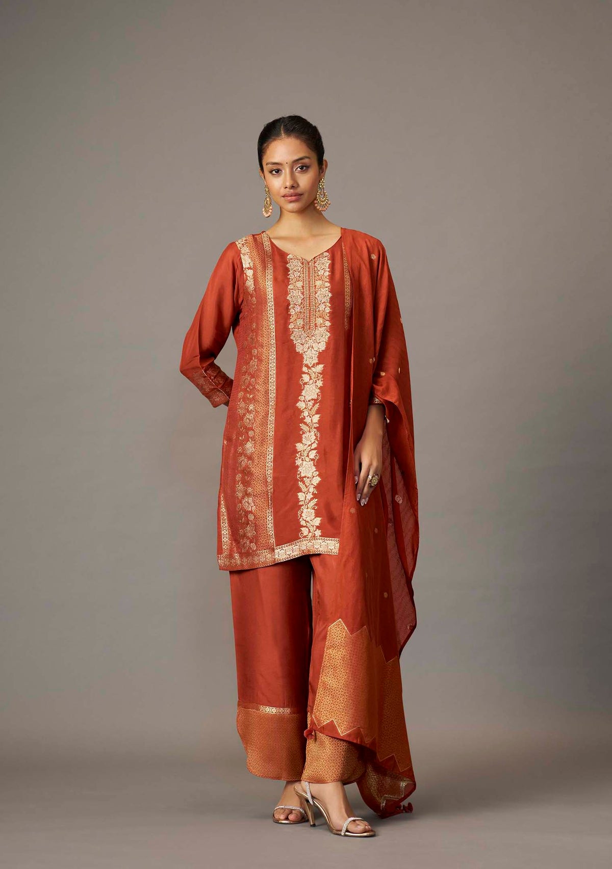 Rust Dola Silk Jacquard Short Kurta with Palazzo Set | Handwork | 3-Piece | Festive 2026