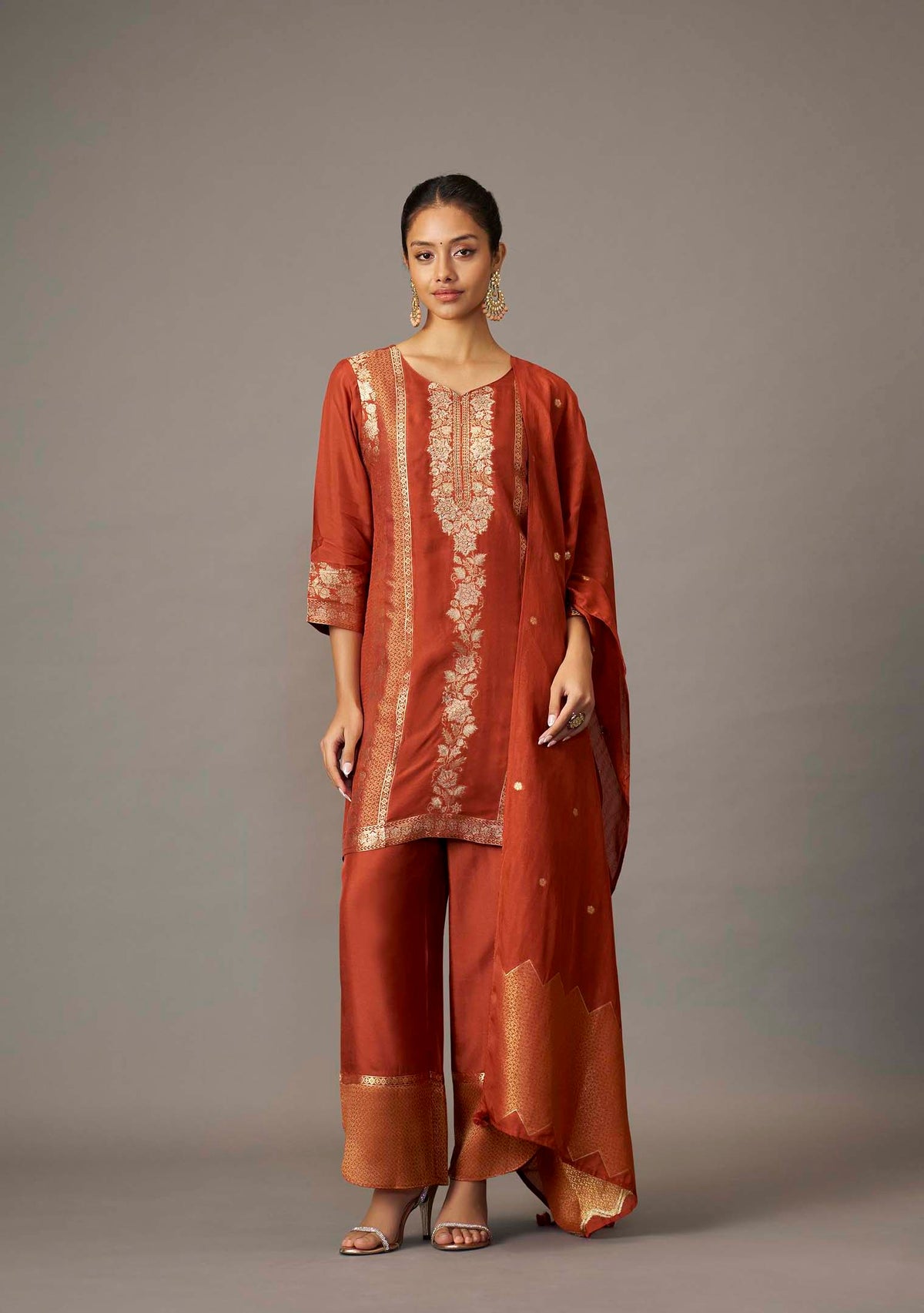 Rust Dola Silk Jacquard Short Kurta with Palazzo Set | Handwork | 3-Piece | Festive 2026
