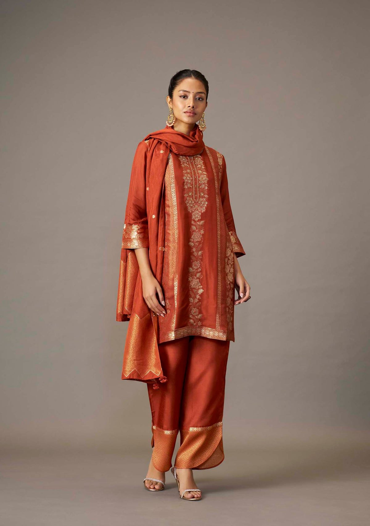 Rust Dola Silk Jacquard Short Kurta with Palazzo Set | Handwork | 3-Piece | Festive 2026