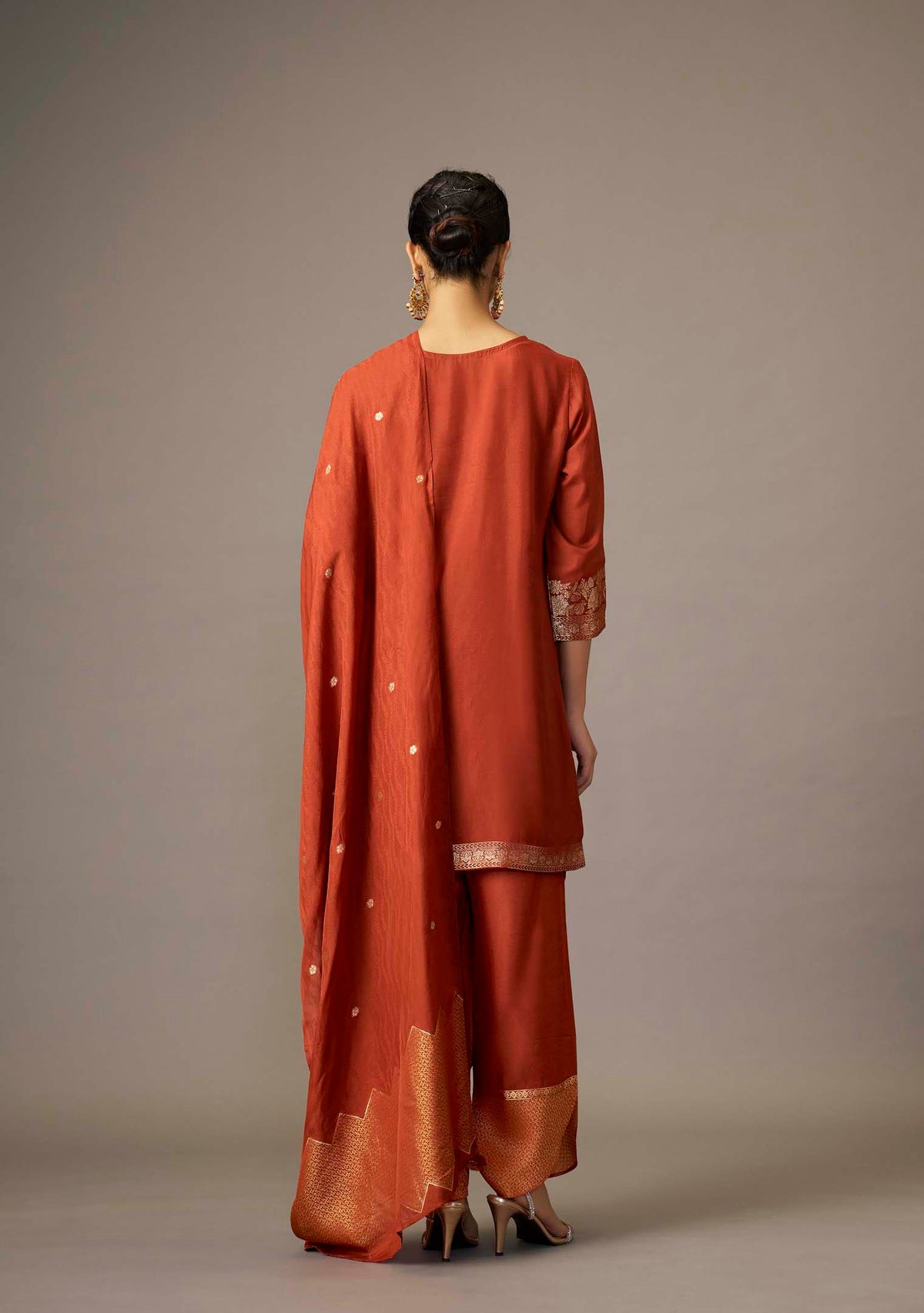 Rust Dola Silk Jacquard Short Kurta with Palazzo Set | Handwork | 3-Piece | Festive 2026